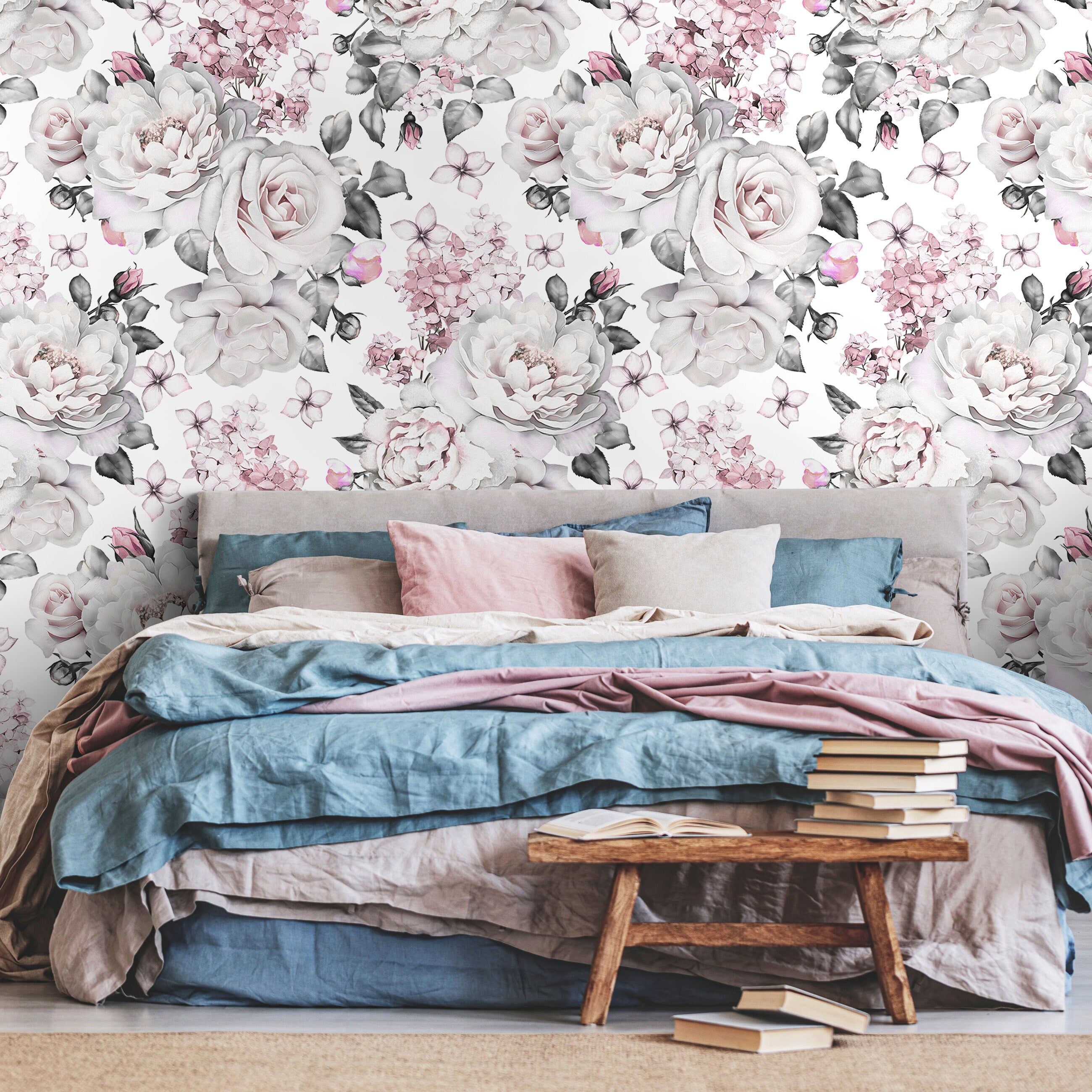 Floral Wallpaper Featuring Vintage Roses And Hydrangeas In Pink And Grey - A547