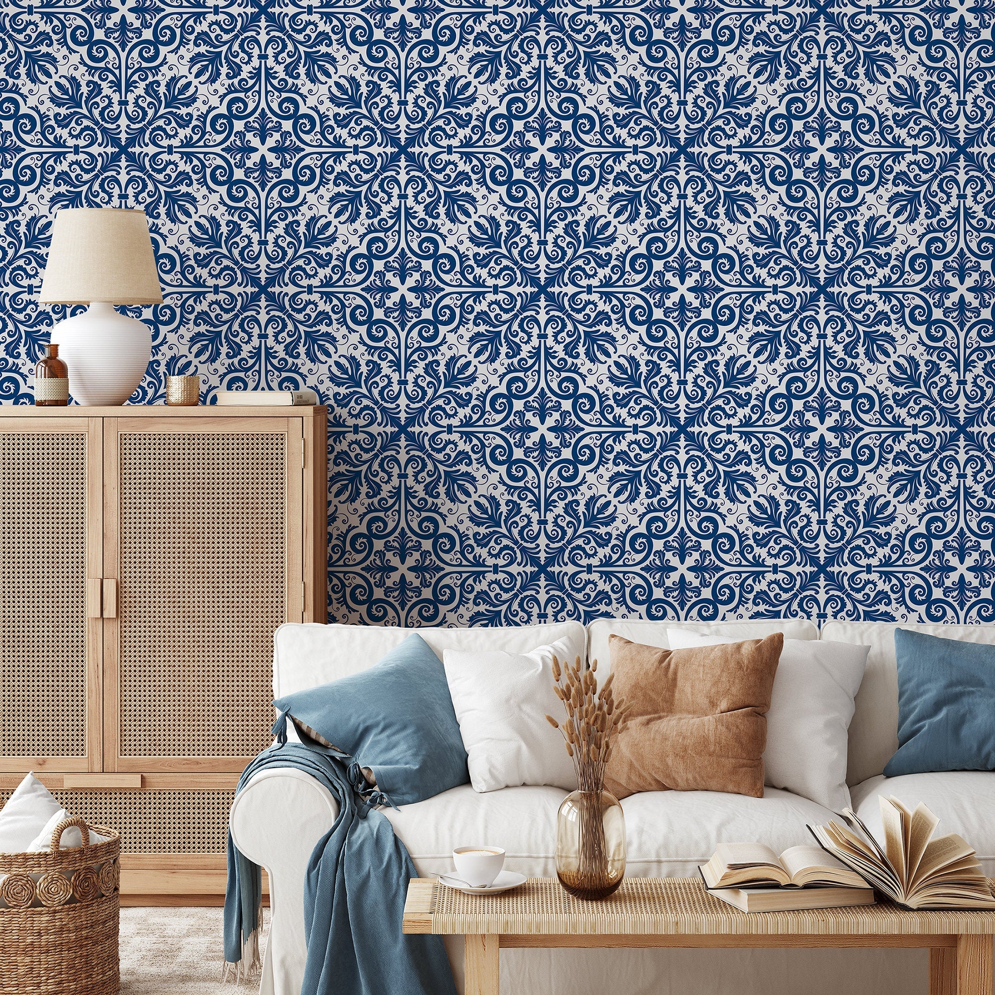 Tile Wallpaper With An Ornate Portuguese Azulejos Motif In Blue And White - A549