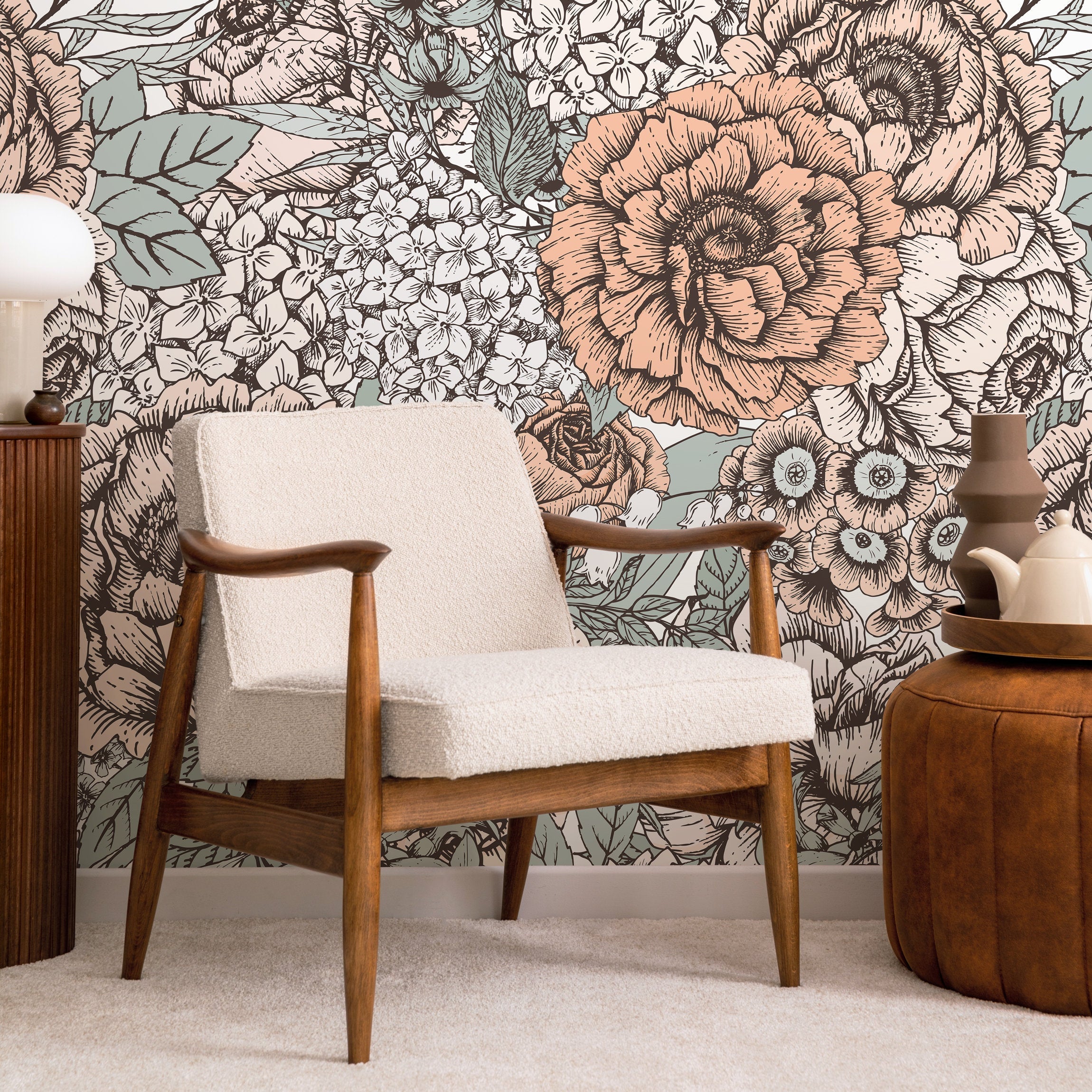 Floral Wallpaper With A Hand-drawn Collage In Blush Pink, Sage Green, And Black - A550