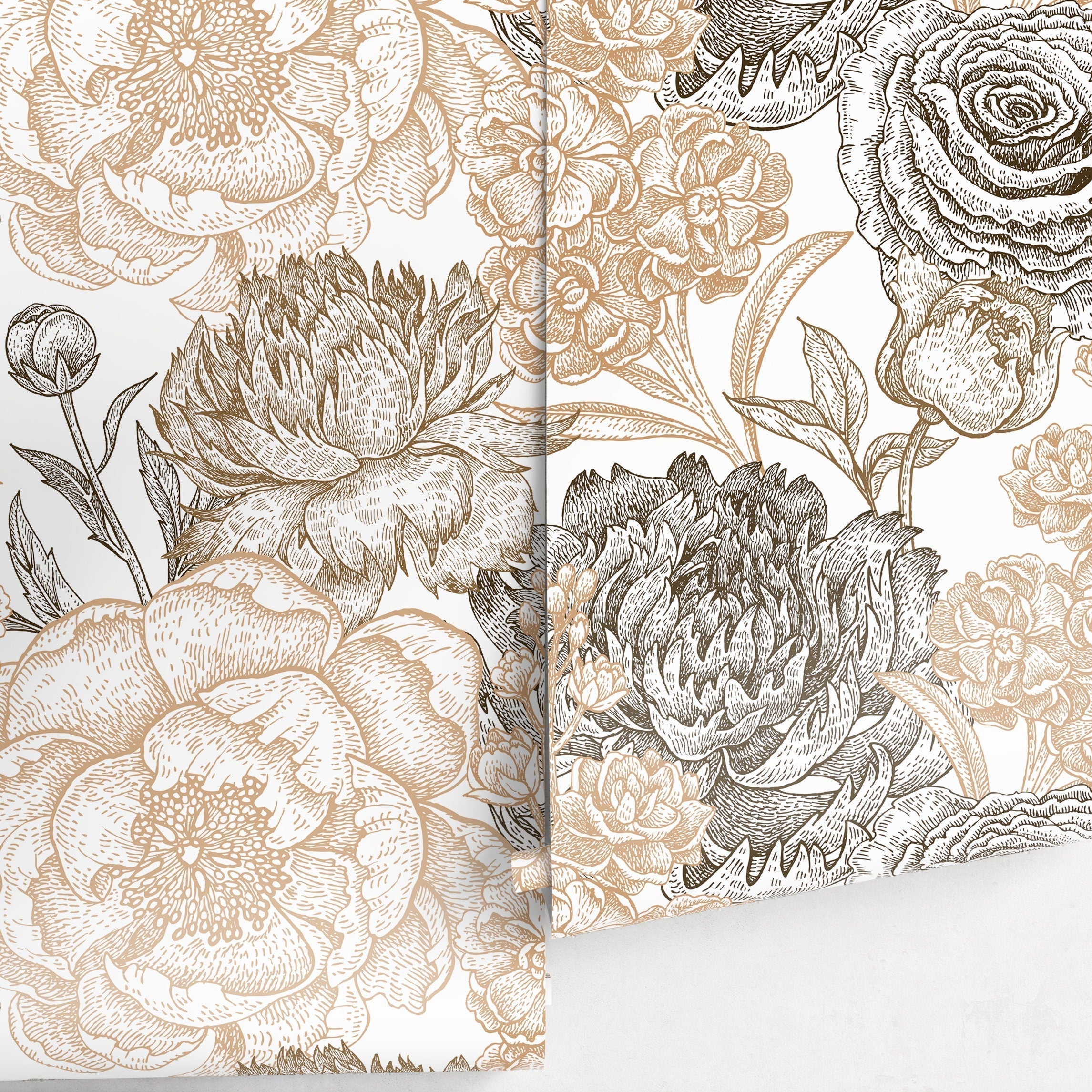 Floral Wallpaper With A Vintage Engraved Motif In Black And Gold - A551