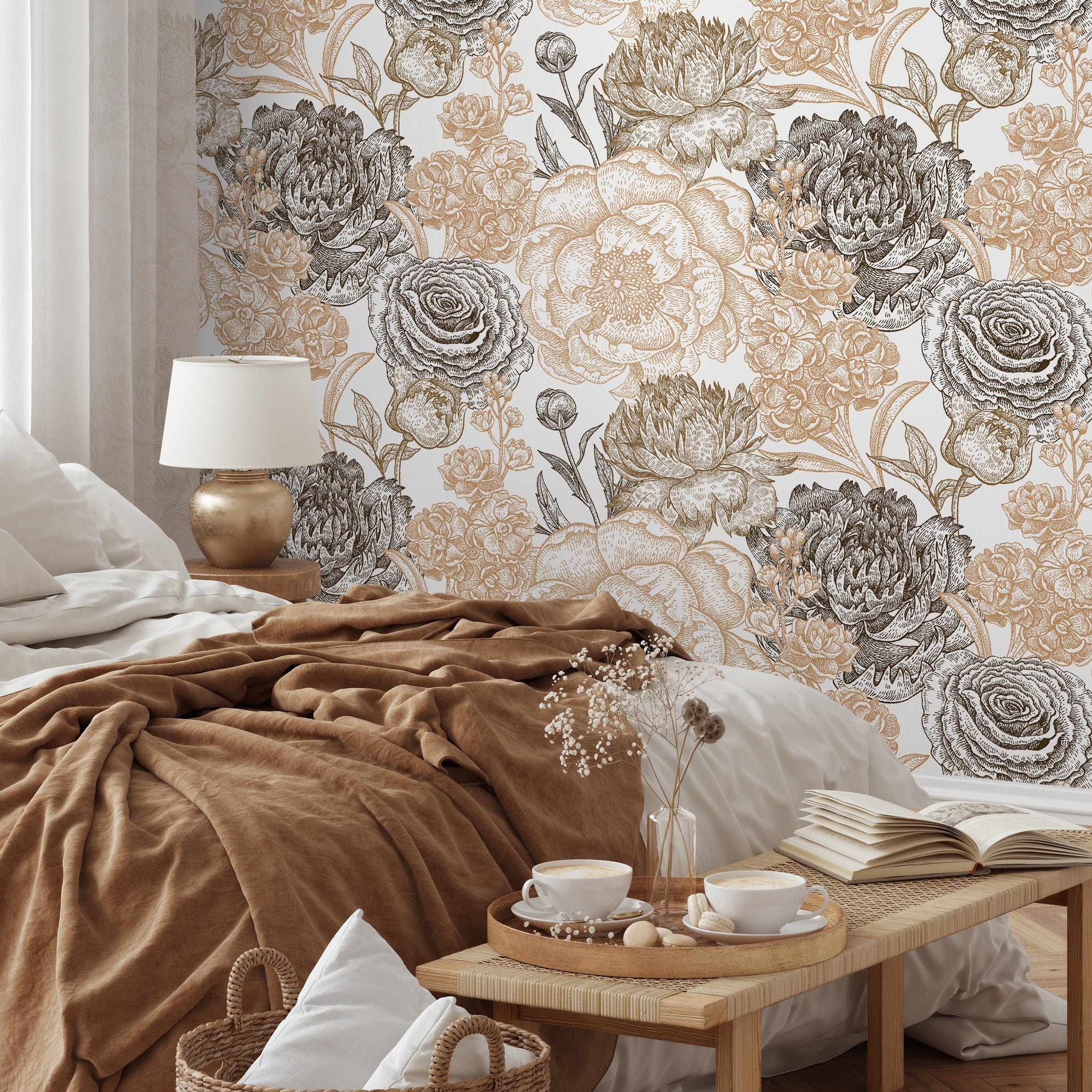 Floral Wallpaper With A Vintage Engraved Motif In Black And Gold - A551