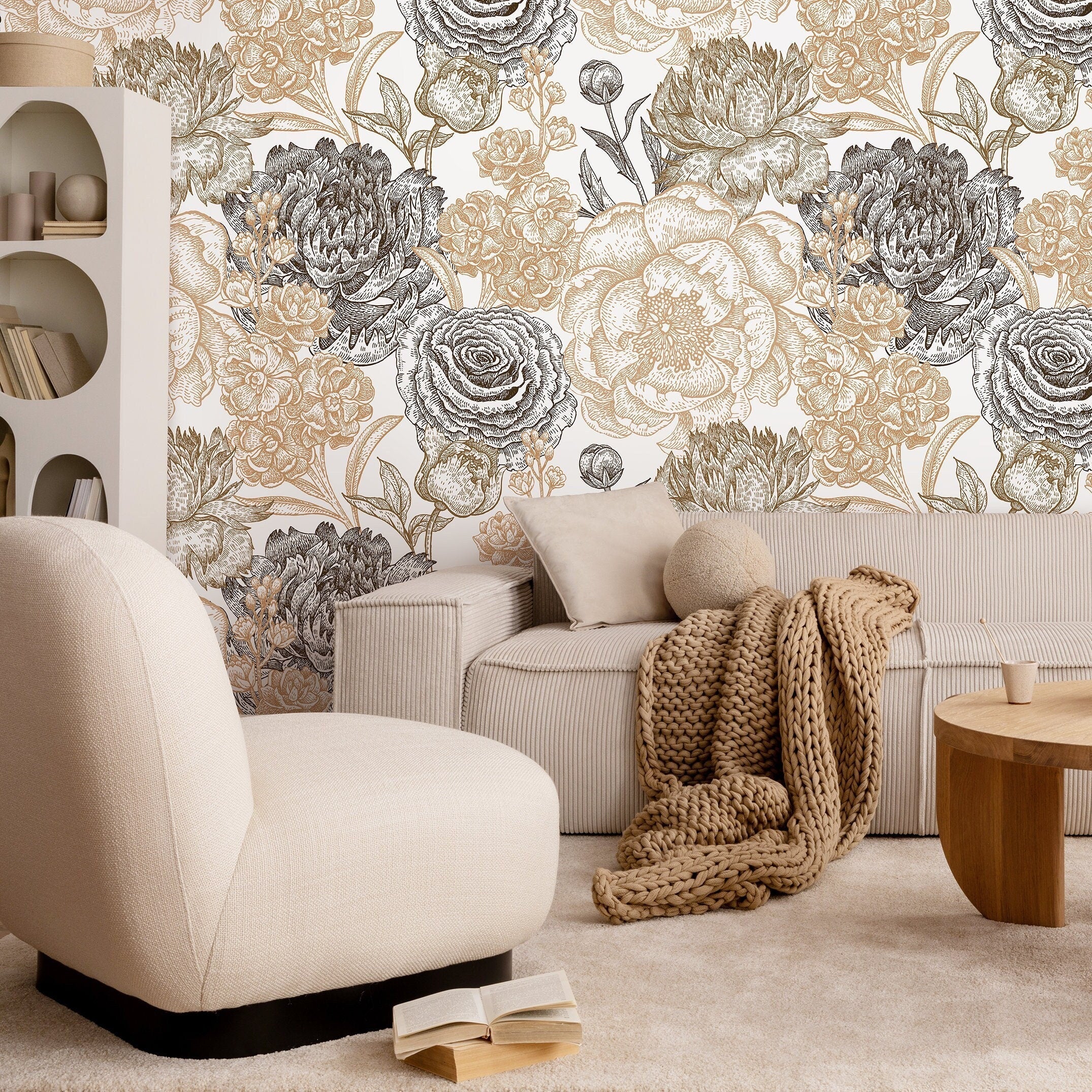 Floral Wallpaper With A Vintage Engraved Motif In Black And Gold - A551