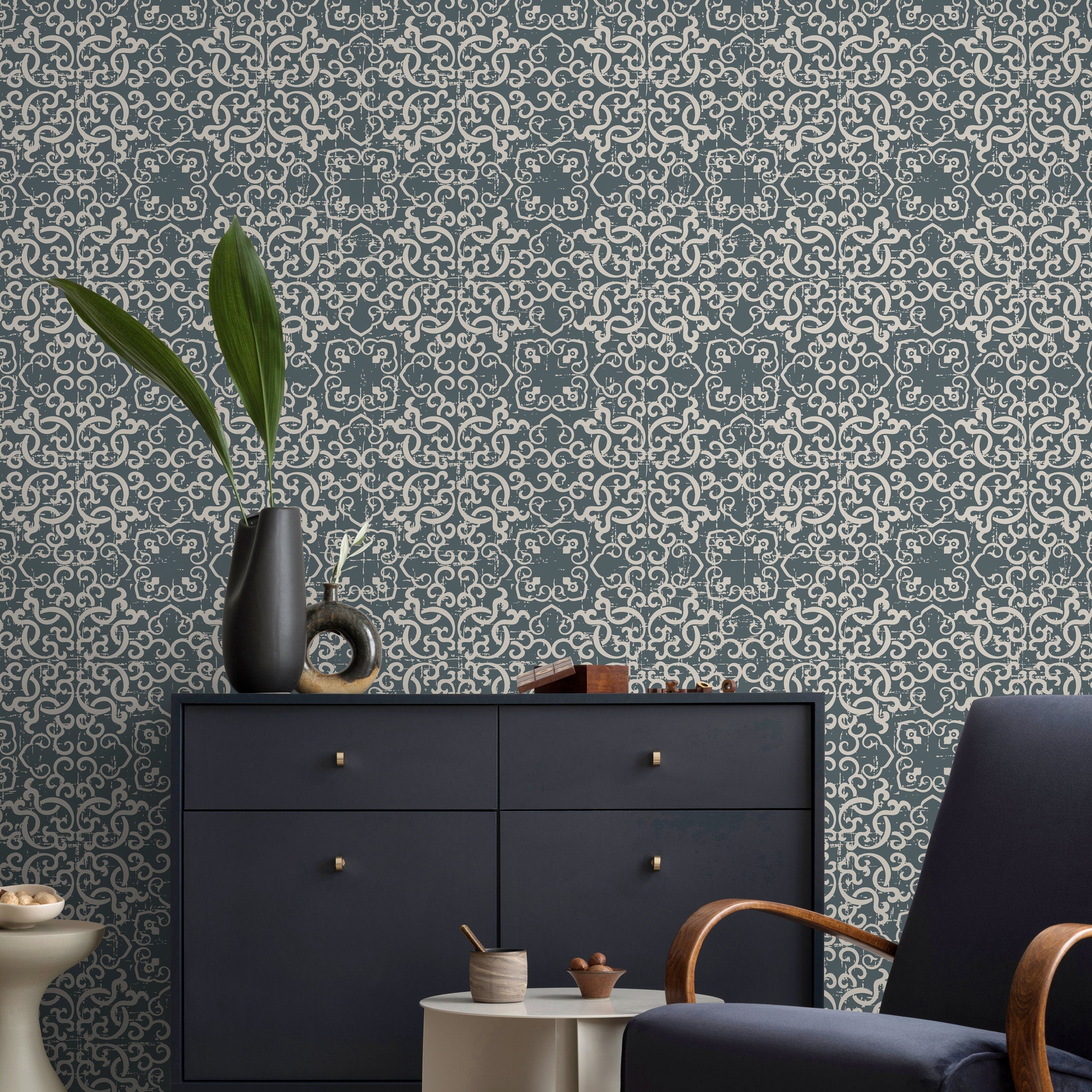 Tile Wallpaper With A Distressed Azulejos Motif In Slate Blue And Cream - A554