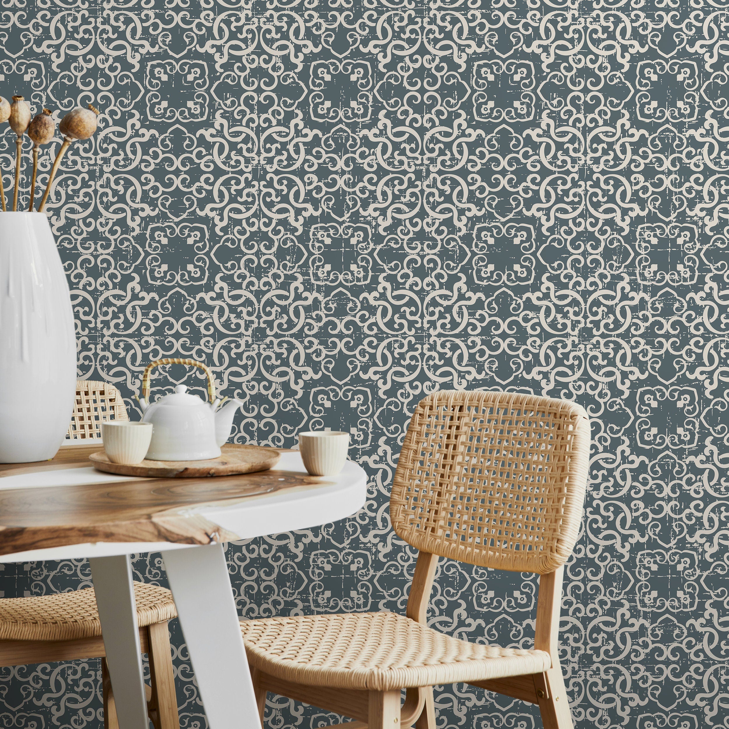 Tile Wallpaper With A Distressed Azulejos Motif In Slate Blue And Cream - A554