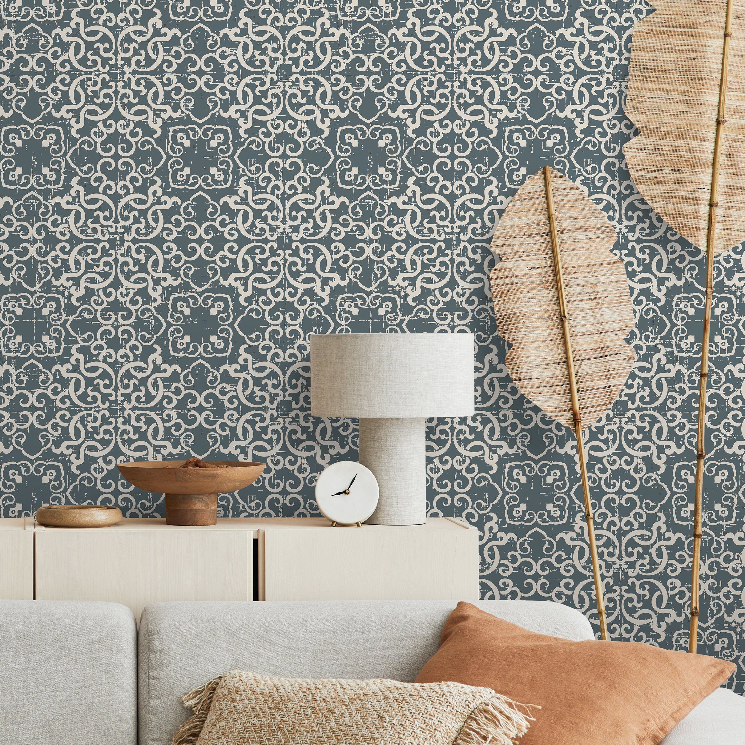 Tile Wallpaper With A Distressed Azulejos Motif In Slate Blue And Cream - A554