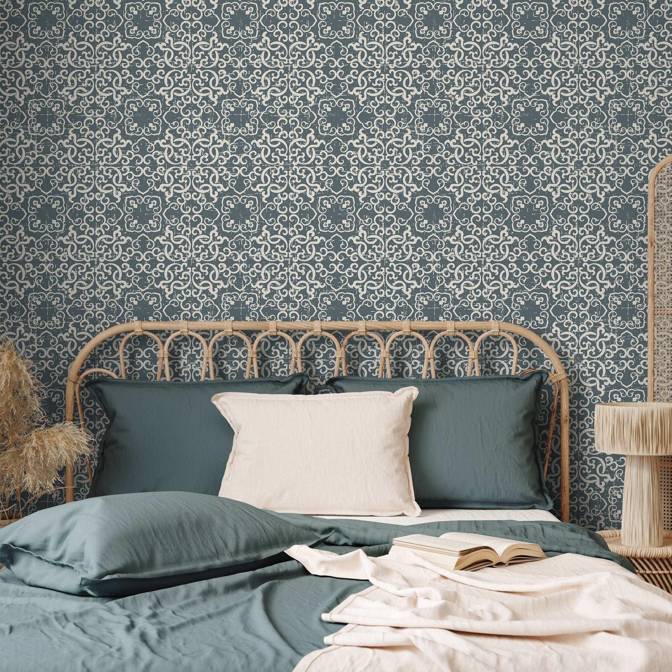 Tile Wallpaper With A Distressed Azulejos Motif In Slate Blue And Cream - A554