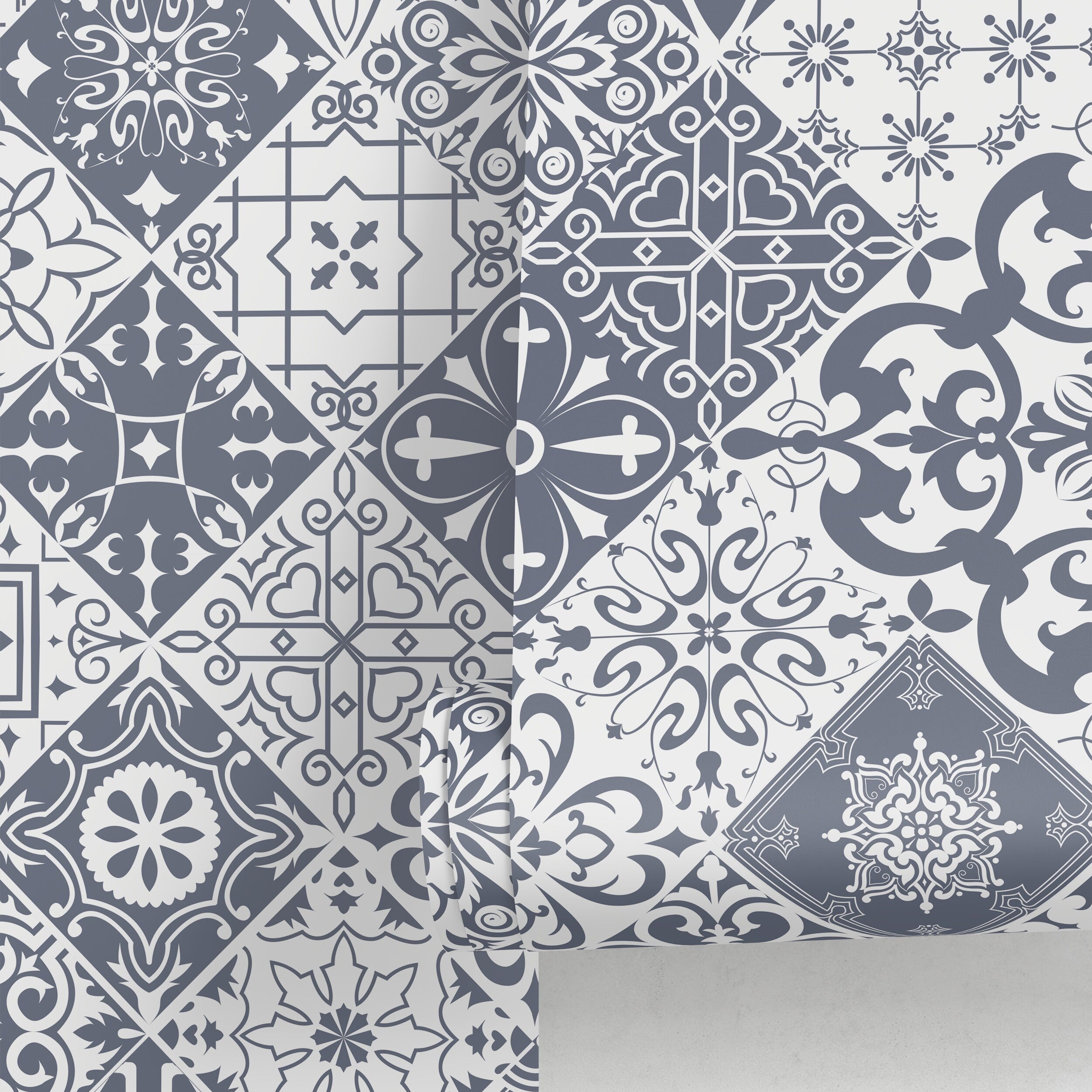 Tile Wallpaper With A Portuguese Azulejos Motif In Slate Blue - A555