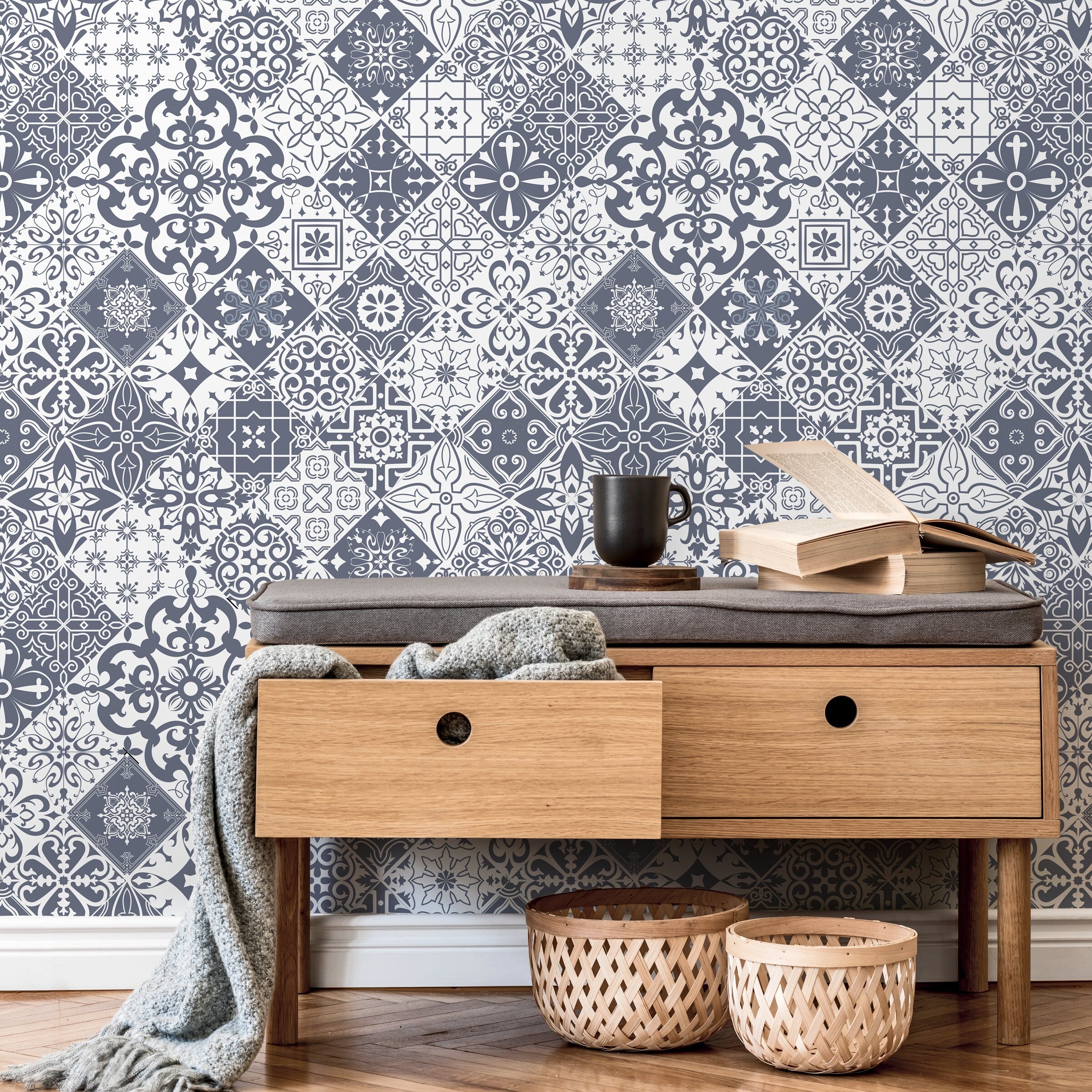Tile Wallpaper With A Portuguese Azulejos Motif In Slate Blue - A555