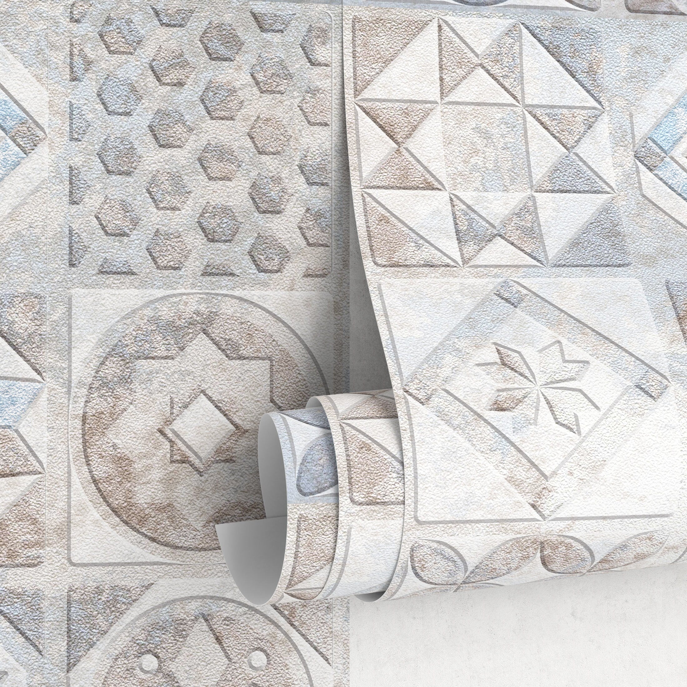 Tile Wallpaper With A Portuguese Azulejos Motif In Blue, Brown, And Gray - A556