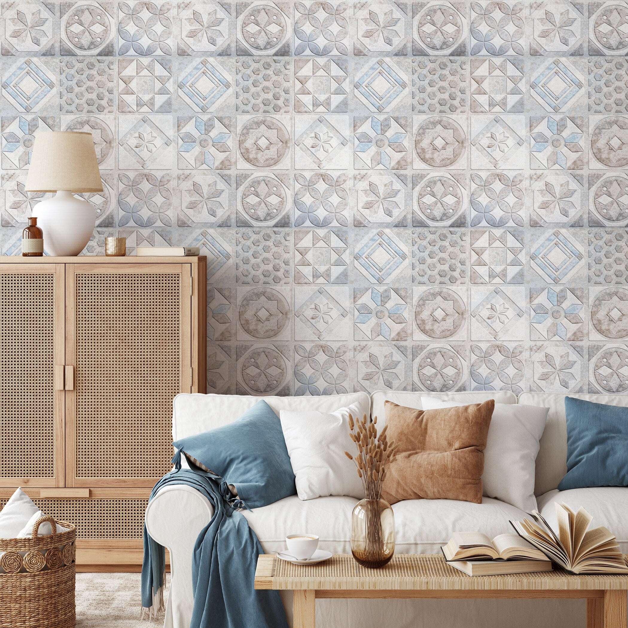 Tile Wallpaper With A Portuguese Azulejos Motif In Blue, Brown, And Gray - A556