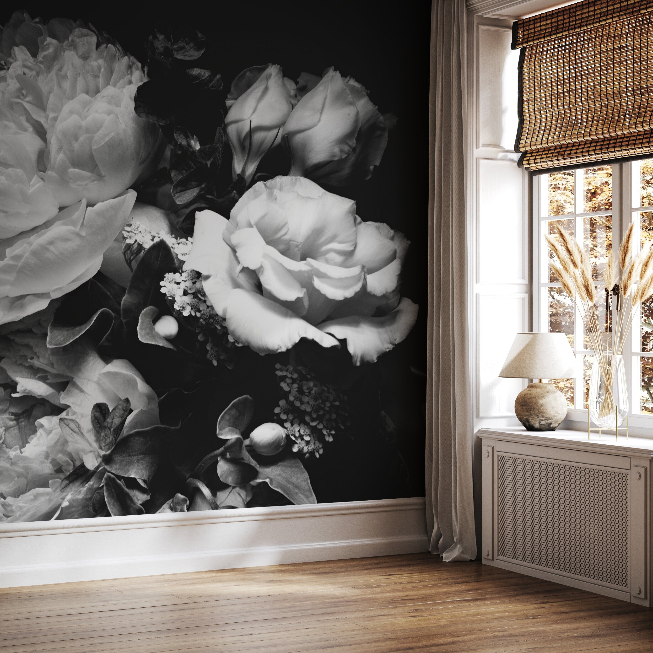 Floral Wallpaper With A Dramatic Peony Bouquet In Black And White - A557