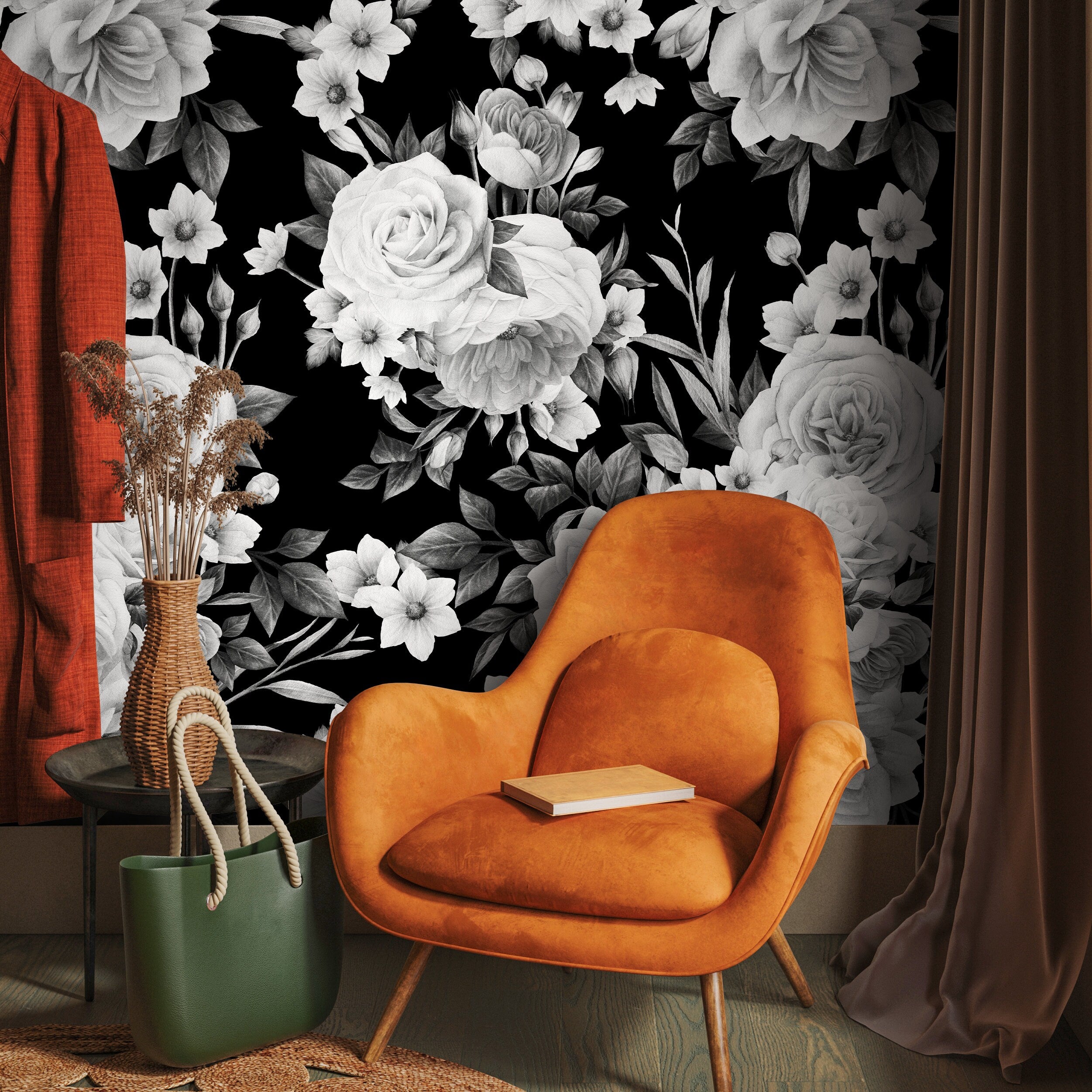 Floral Wallpaper Featuring Large Scale Roses In Black And White - A558