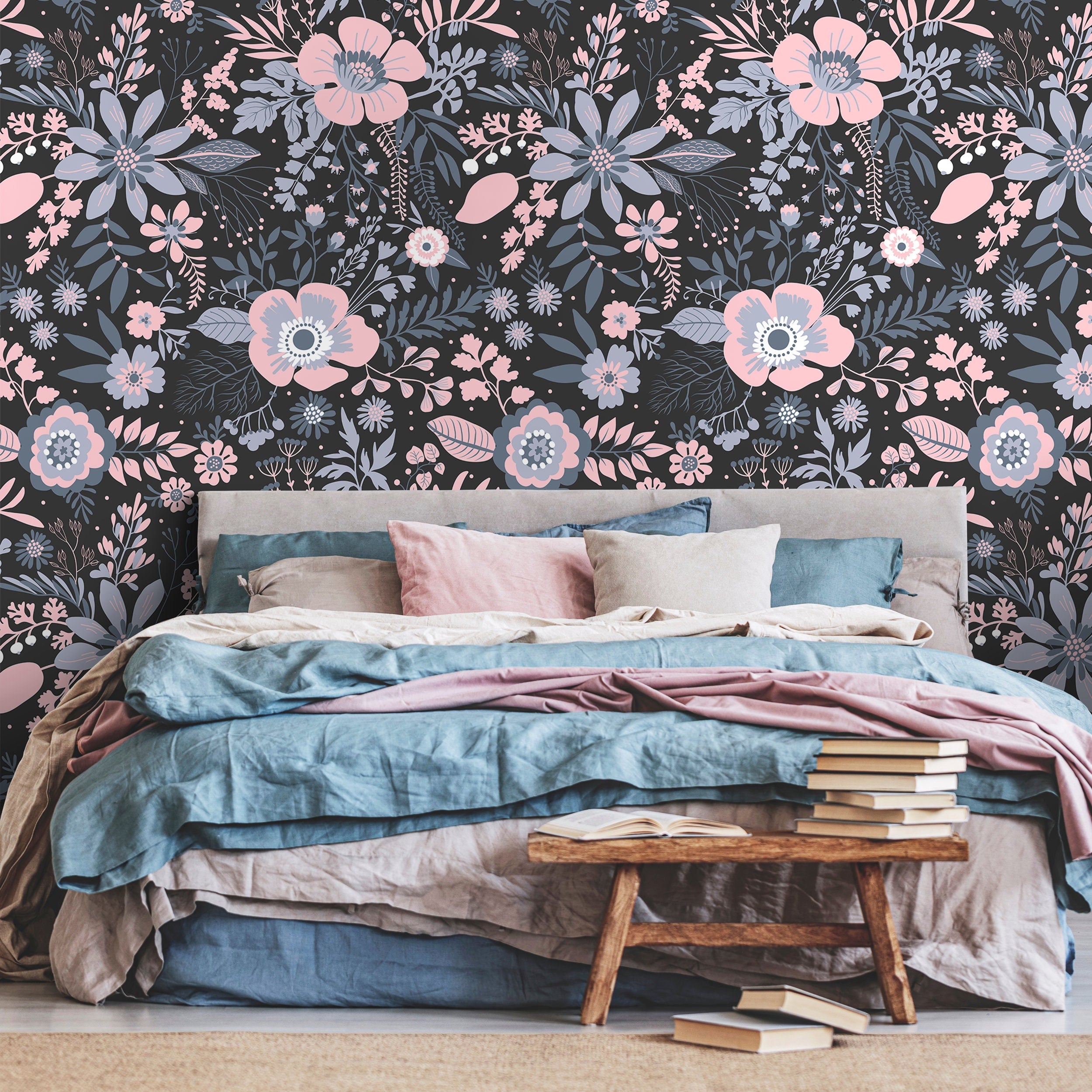 Floral Wallpaper With A Stylized Folk Motif In Pink, Blue, And Black - A560