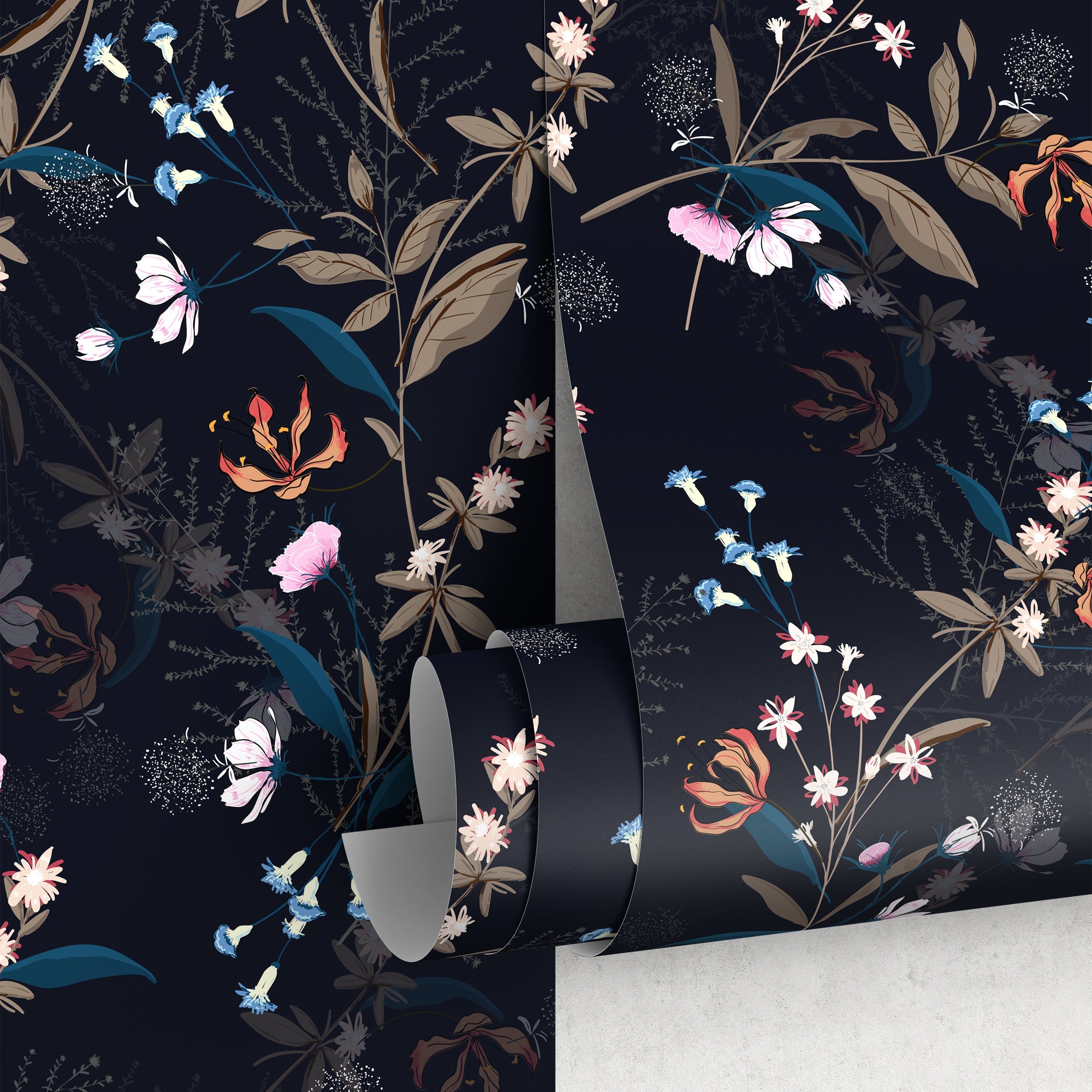 Floral Wallpaper With Hand-drawn Wildflowers In Blue, Orange, And Pink - A564