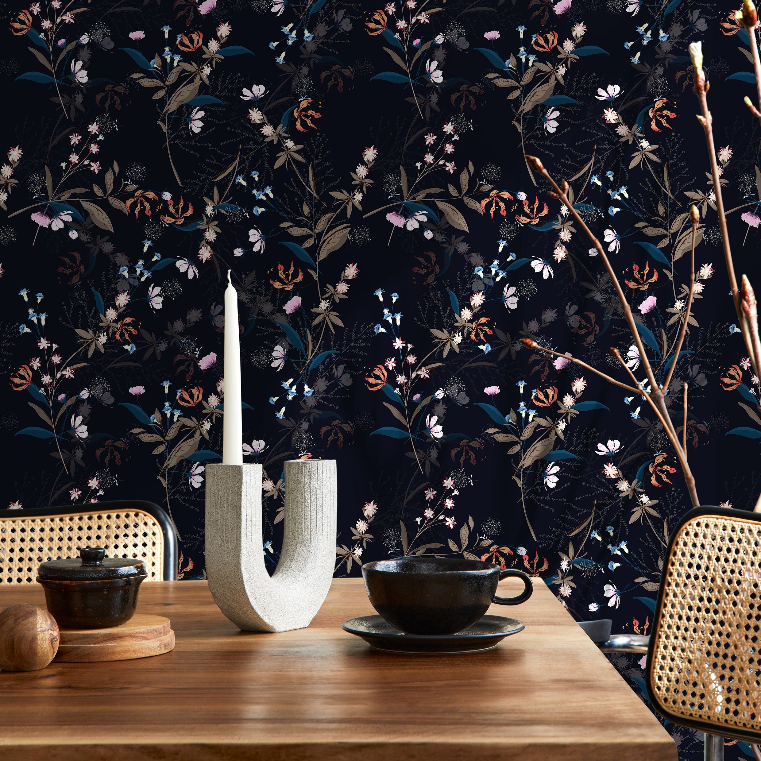 Floral Wallpaper With Hand-drawn Wildflowers In Blue, Orange, And Pink - A564