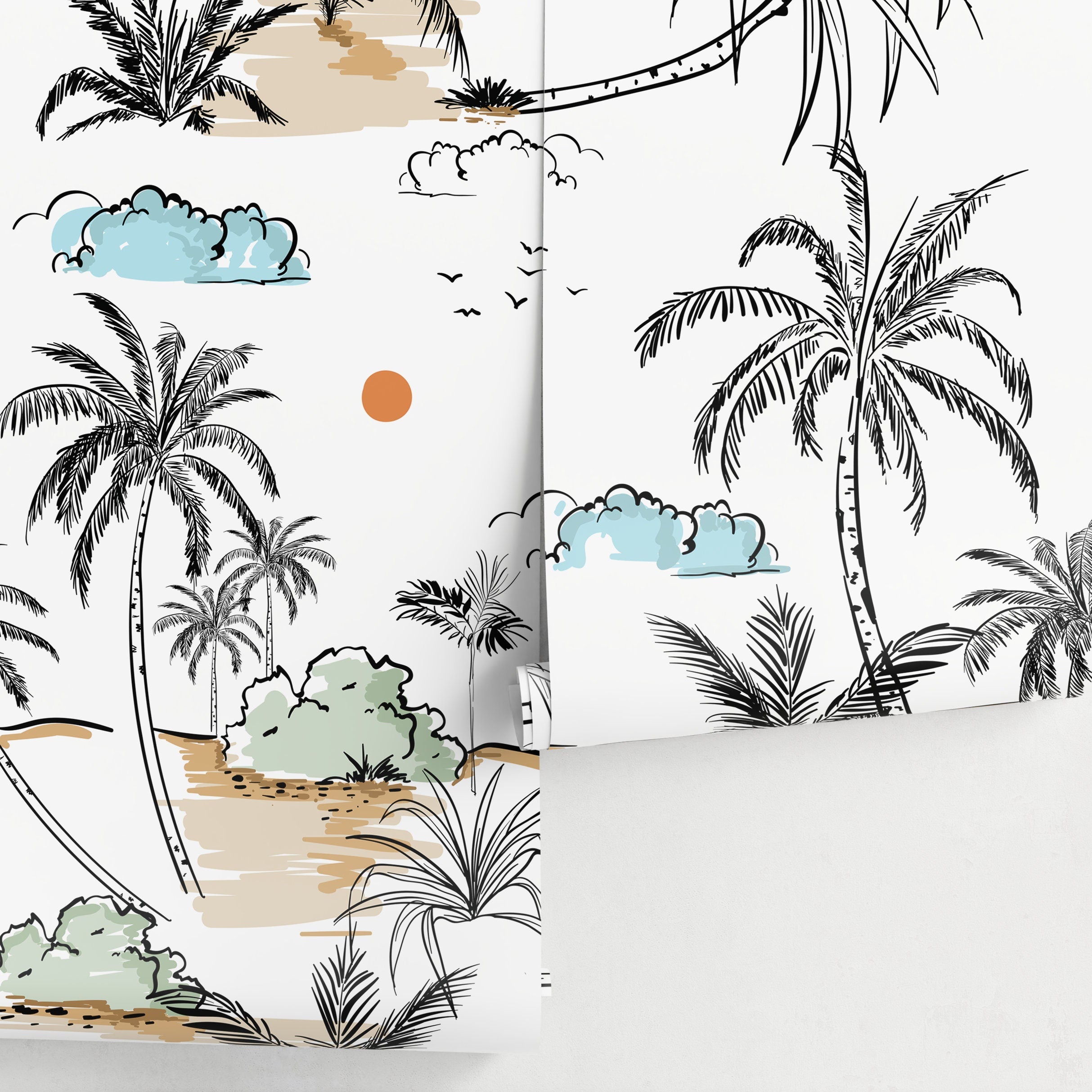 Tropical Wallpaper With A Hand-drawn Palm Tree Scene In Black, Beige, And Green - A570
