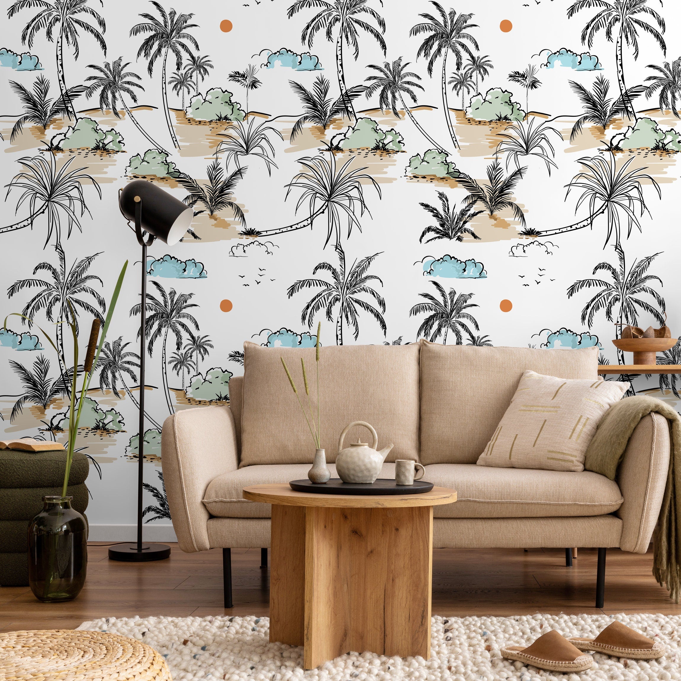 Tropical Wallpaper With A Hand-drawn Palm Tree Scene In Black, Beige, And Green - A570