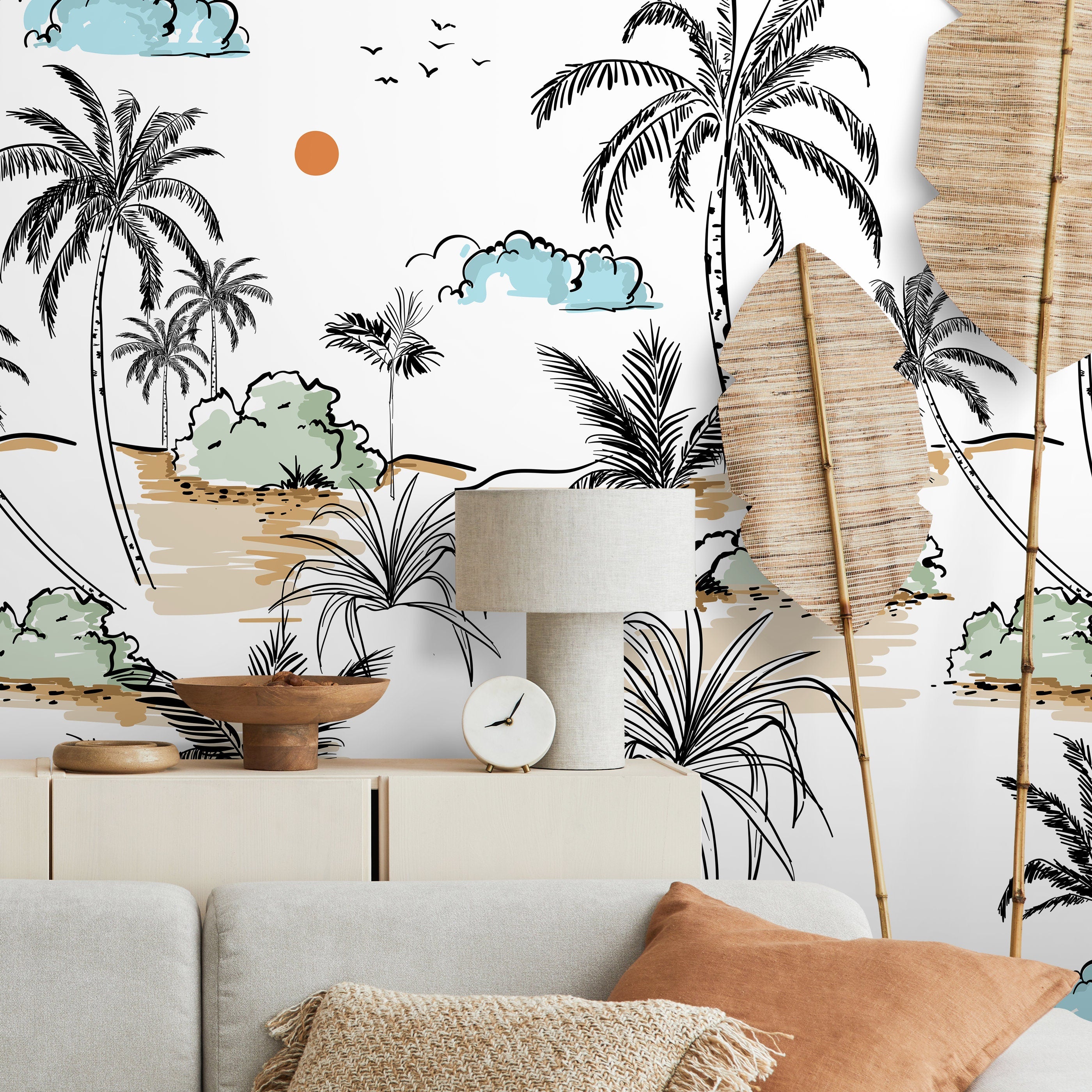 Tropical Wallpaper With A Hand-drawn Palm Tree Scene In Black, Beige, And Green - A570