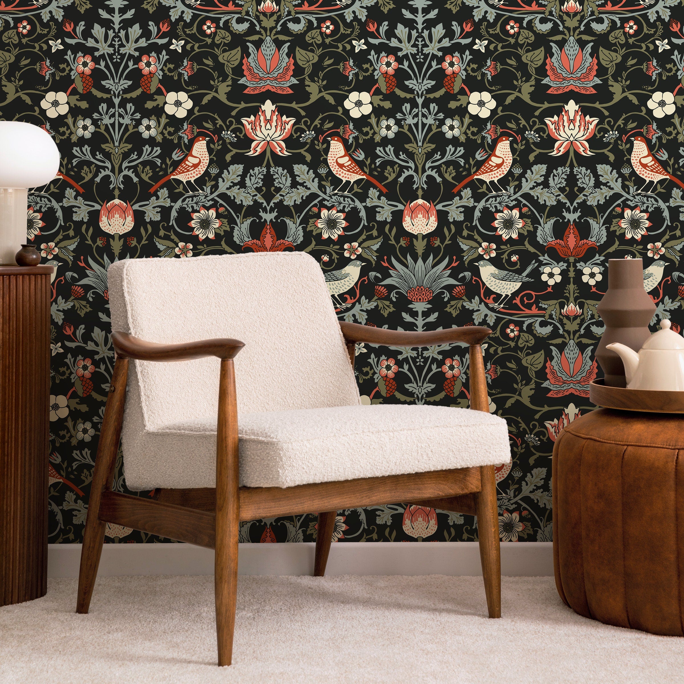 Art Nouveau Wallpaper With Birds And Florals In Red, Green, And Black - A578