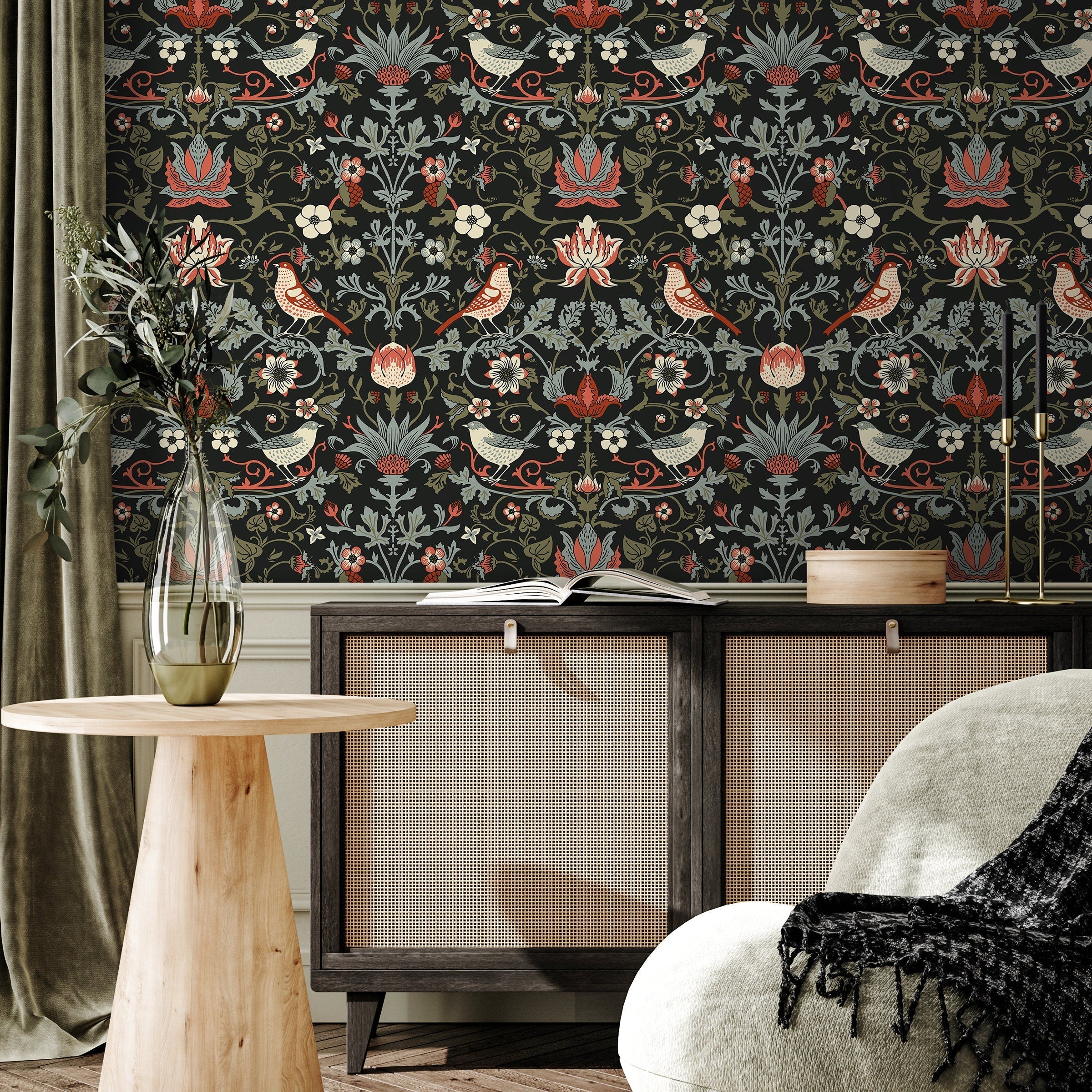 Art Nouveau Wallpaper With Birds And Florals In Red, Green, And Black - A578