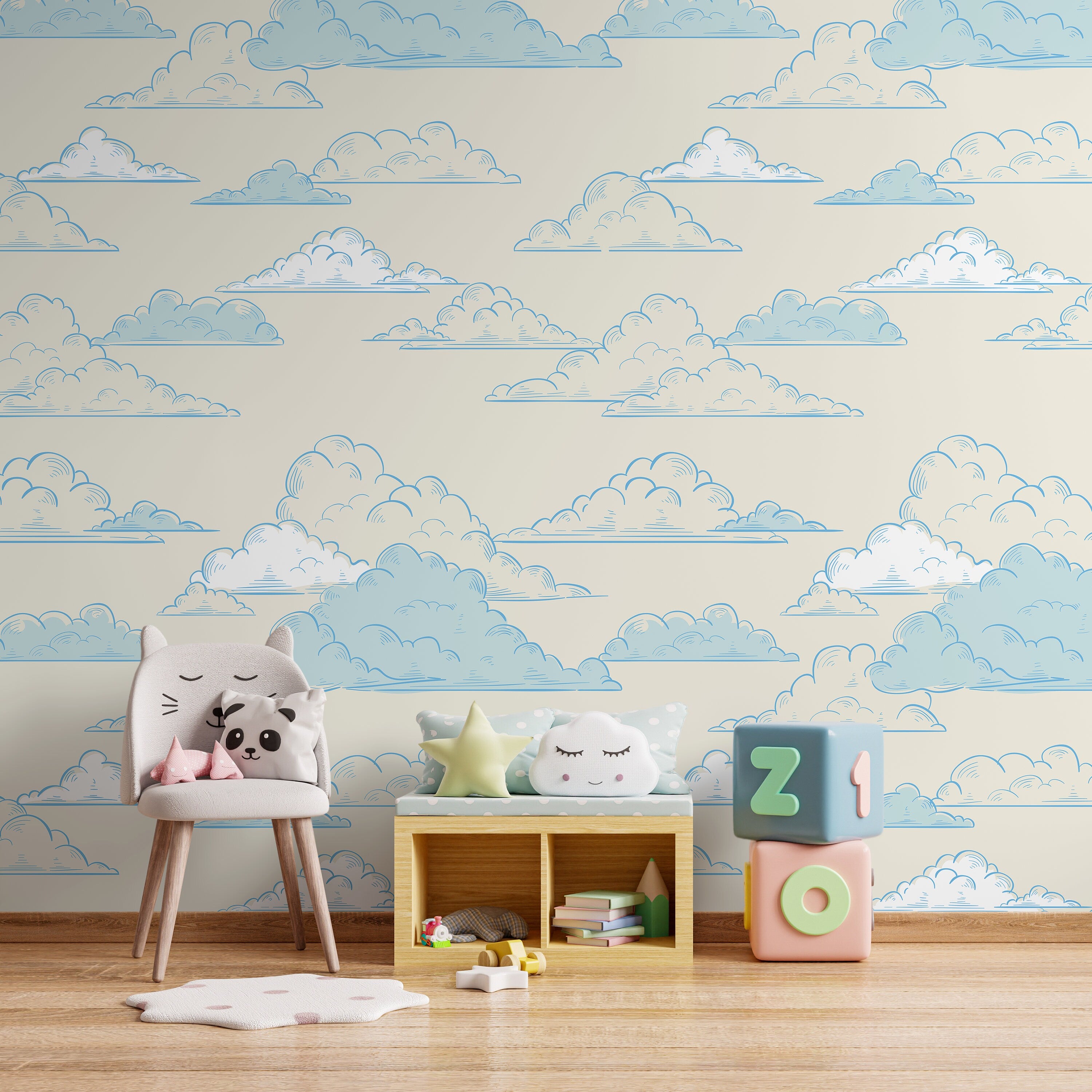 Clouds Wallpaper With A Hand-drawn Motif In Blue And Beige - A579