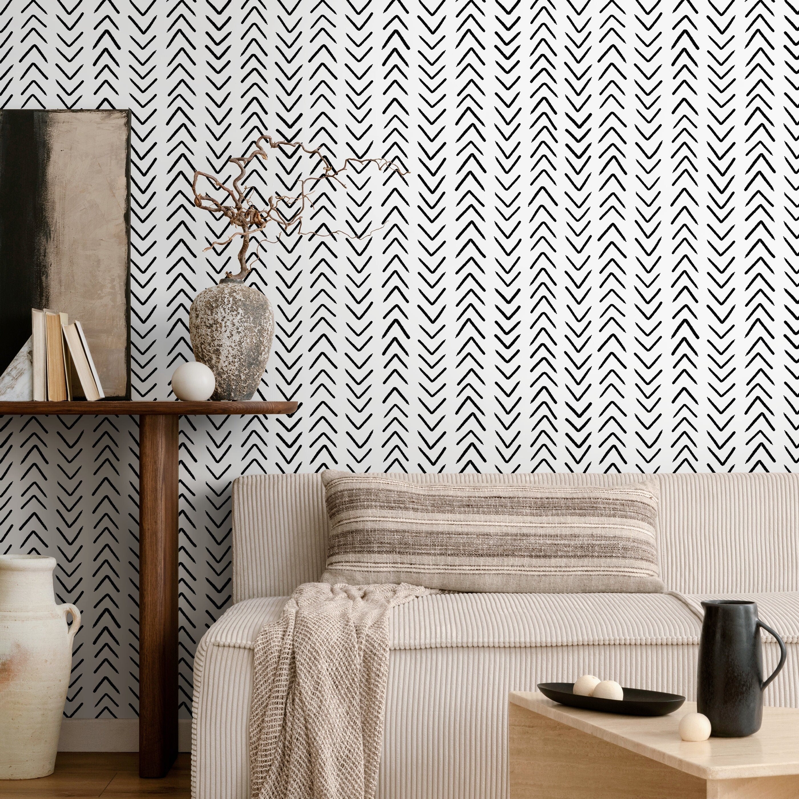 Herringbone Wallpaper With A Hand-drawn Chevron Motif In Black And White - A583