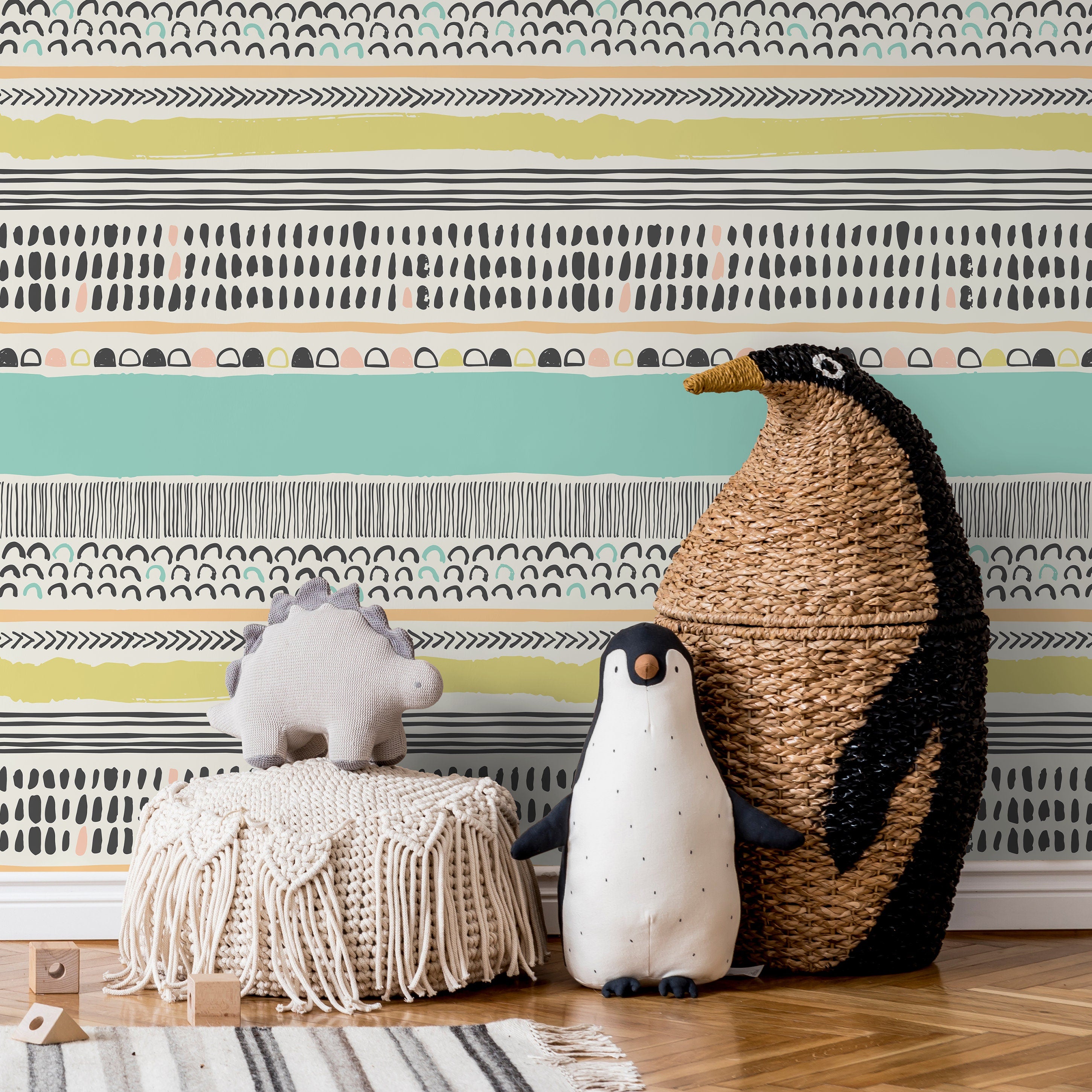 Abstract Wallpaper With Hand-drawn Stripes In Black, Mint, And Peach - A587