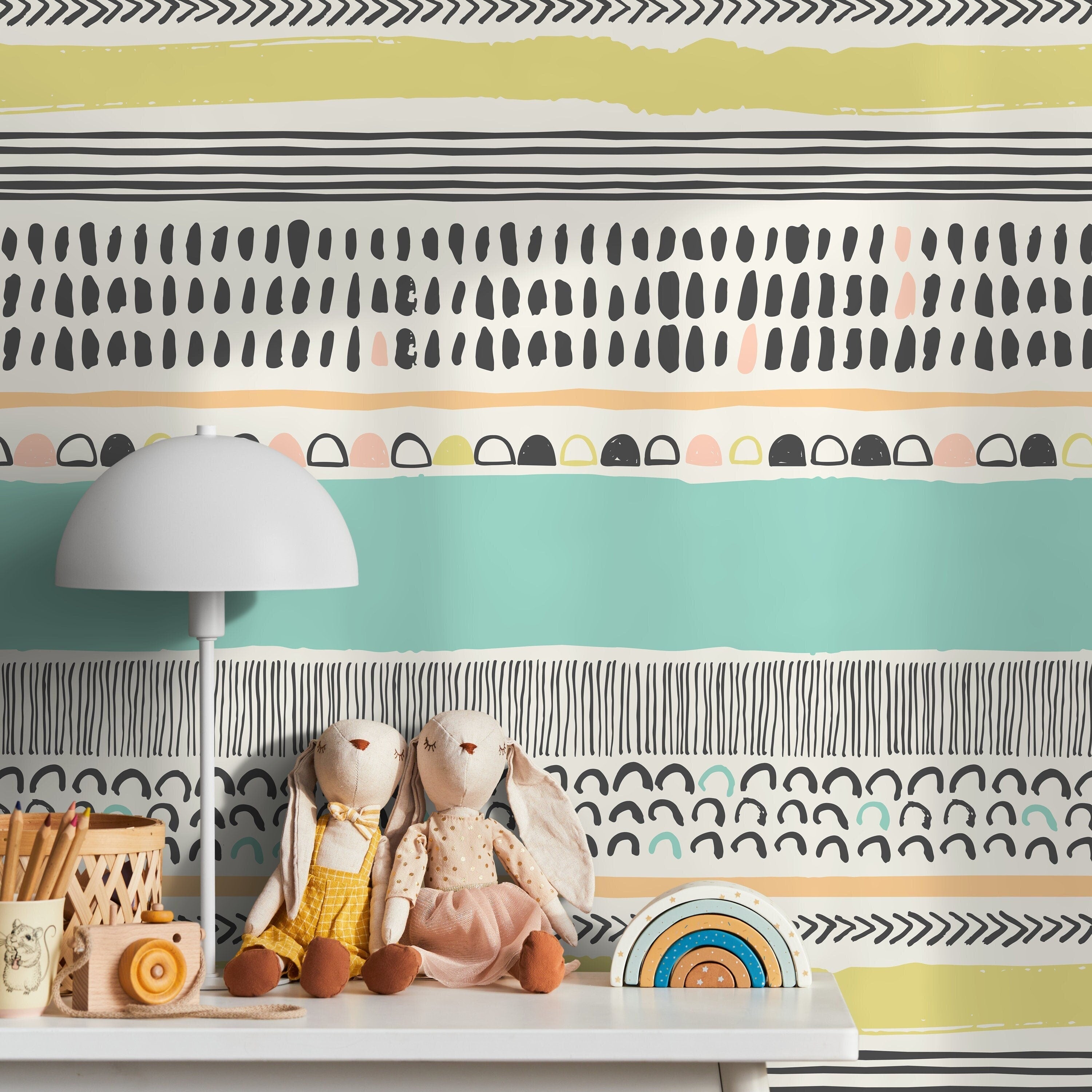 Abstract Wallpaper With Hand-drawn Stripes In Black, Mint, And Peach - A587