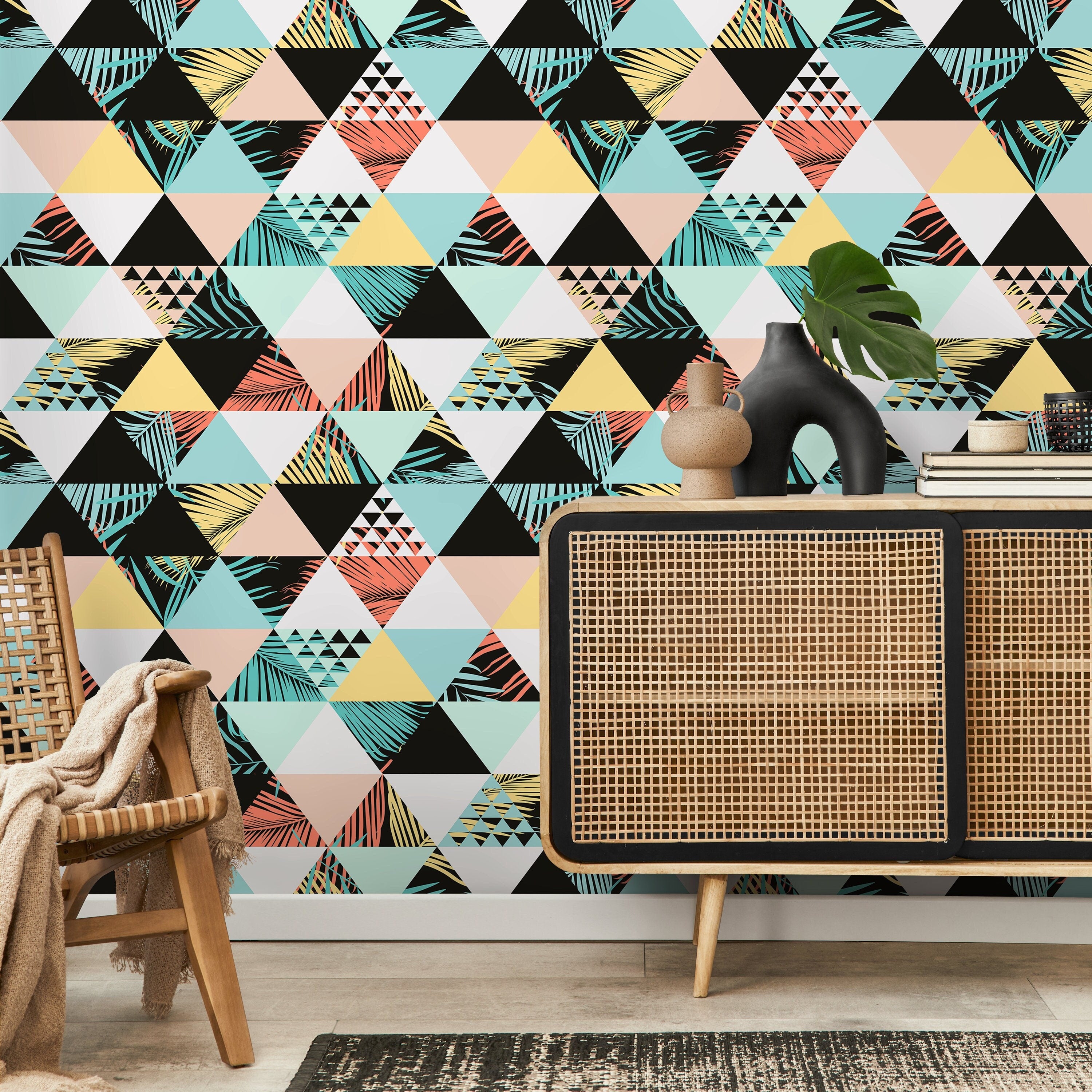 Geometric Wallpaper With A Tropical Triangle Motif In Teal, Coral, And Yellow - A599