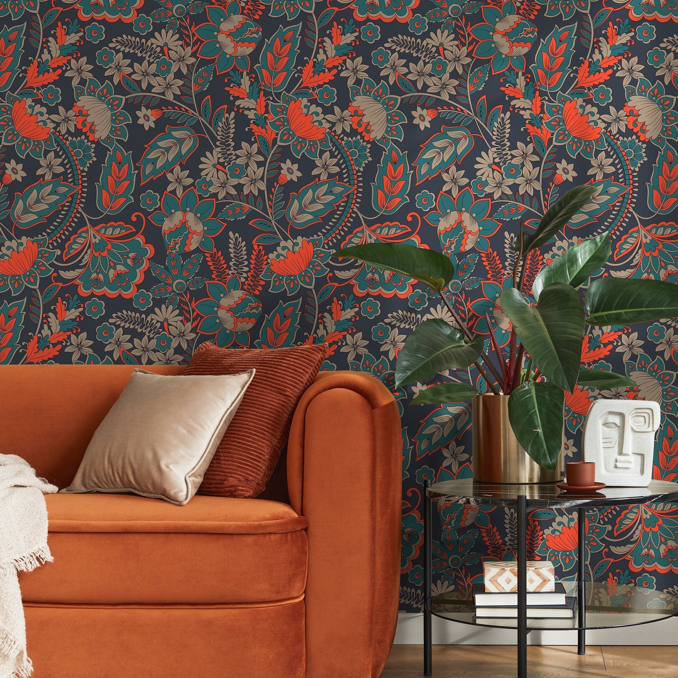 Floral Wallpaper With A Vintage Damask Motif In Orange And Teal - A625