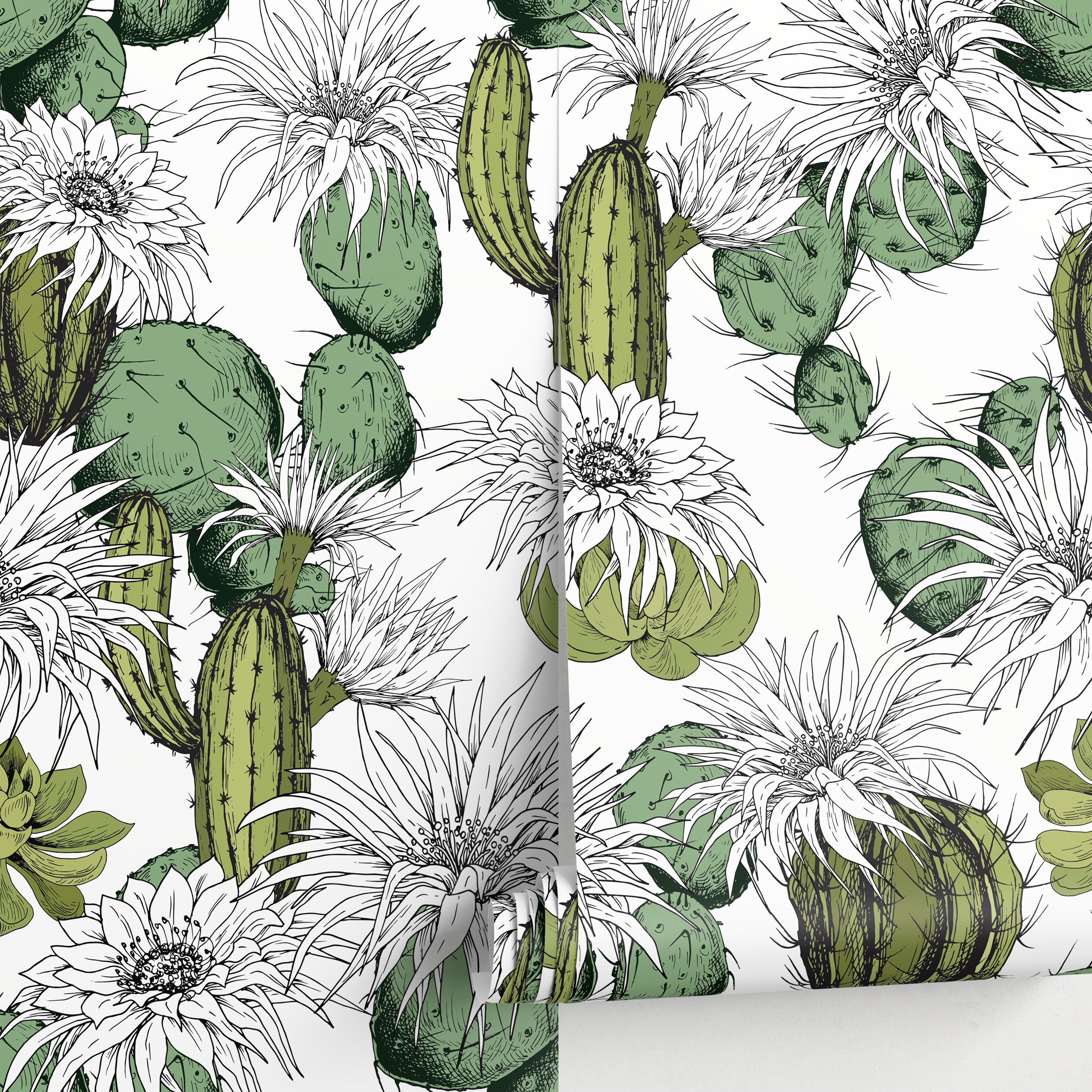 Botanical Wallpaper With Hand-drawn Cacti In Green And Black - A753