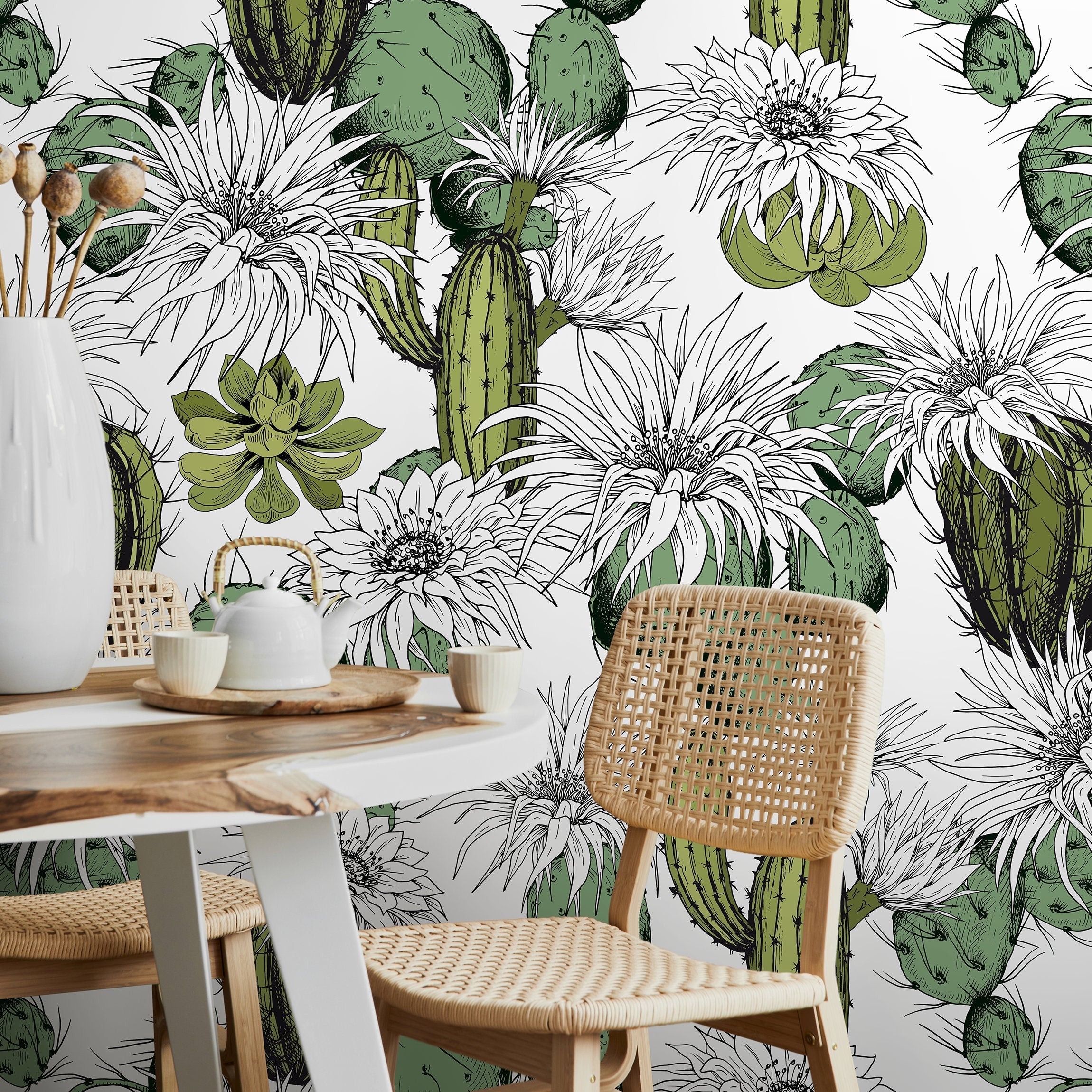 Botanical Wallpaper With Hand-drawn Cacti In Green And Black - A753