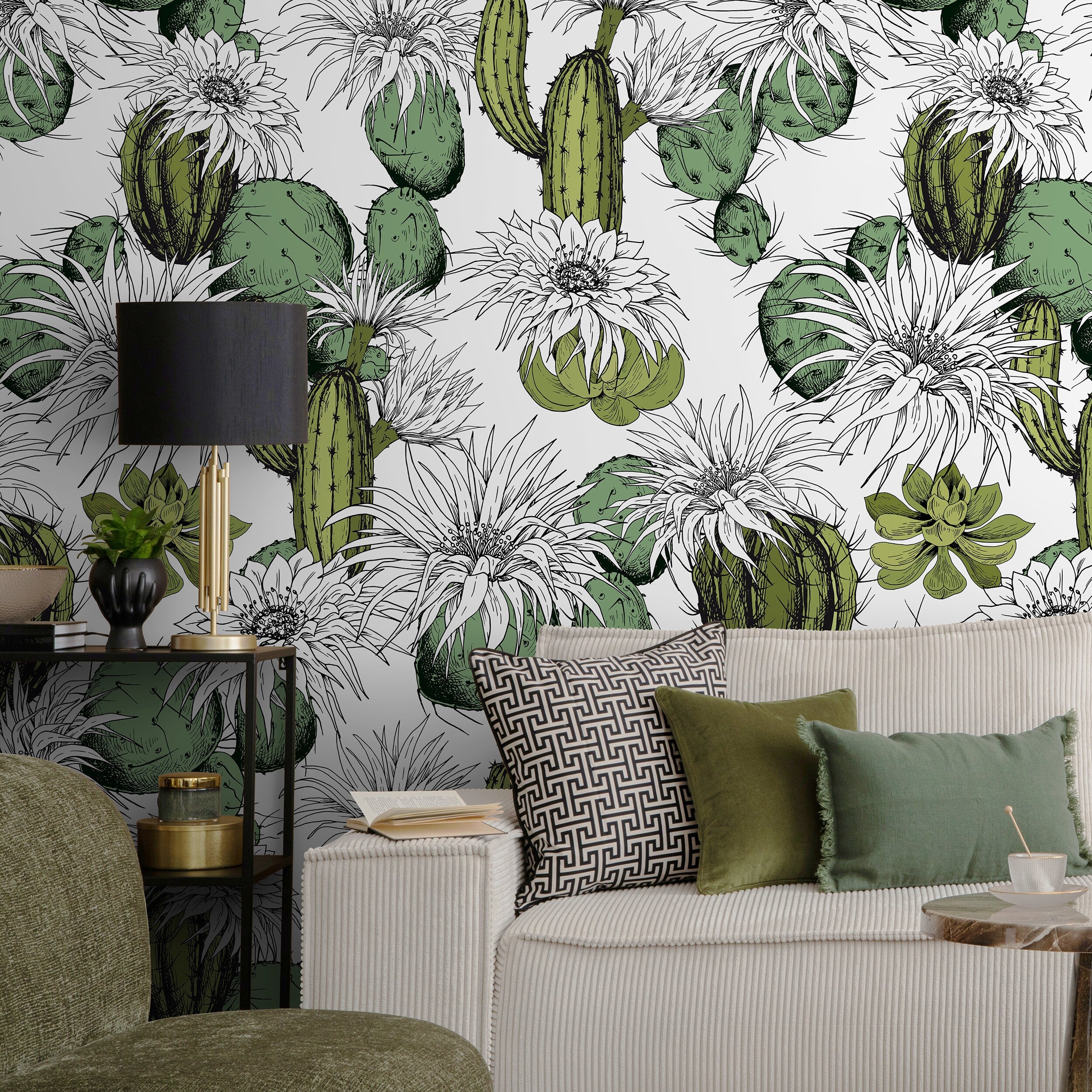 Botanical Wallpaper With Hand-drawn Cacti In Green And Black - A753