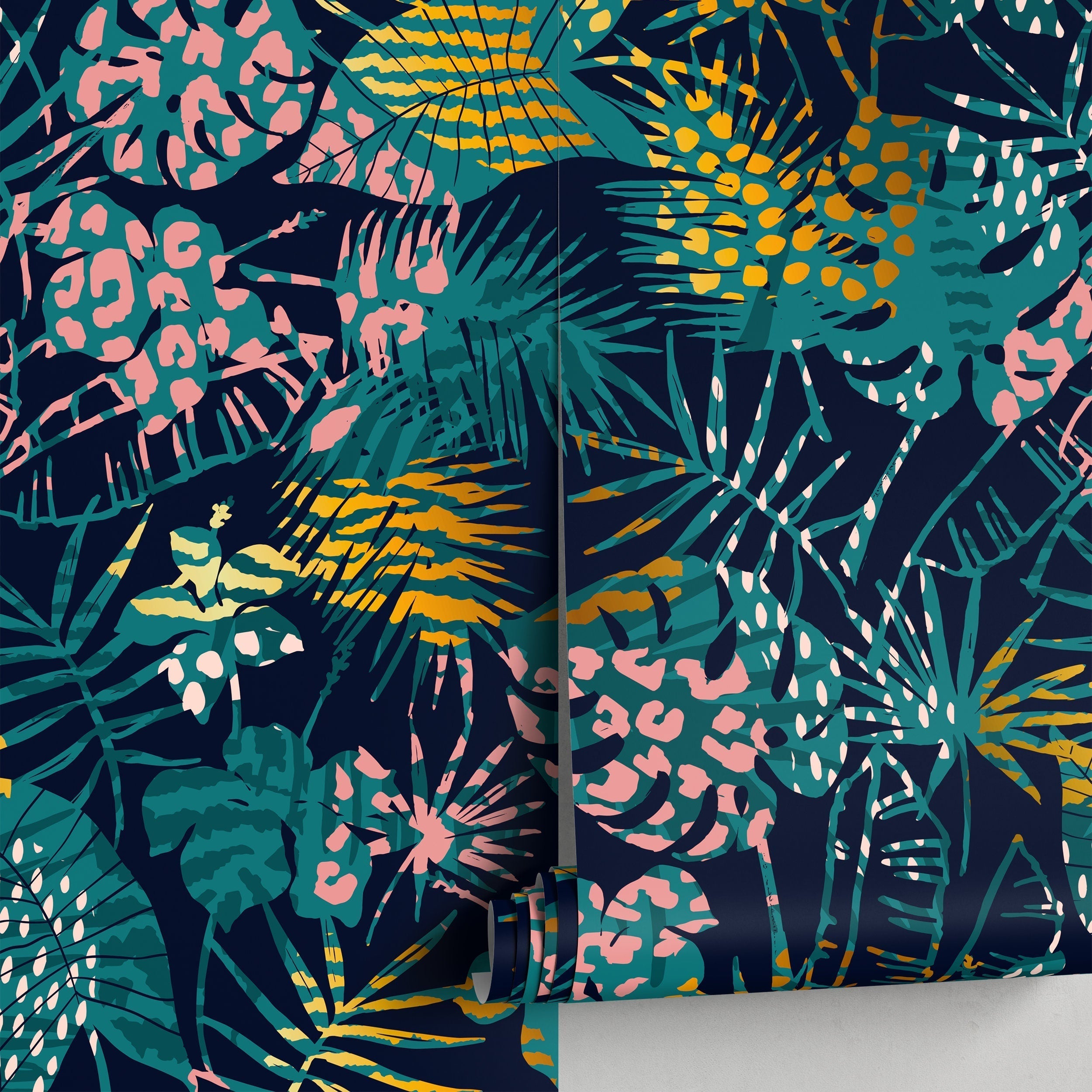 Tropical Wallpaper With Animal Print Leaves In Teal, Pink, And Gold - A782