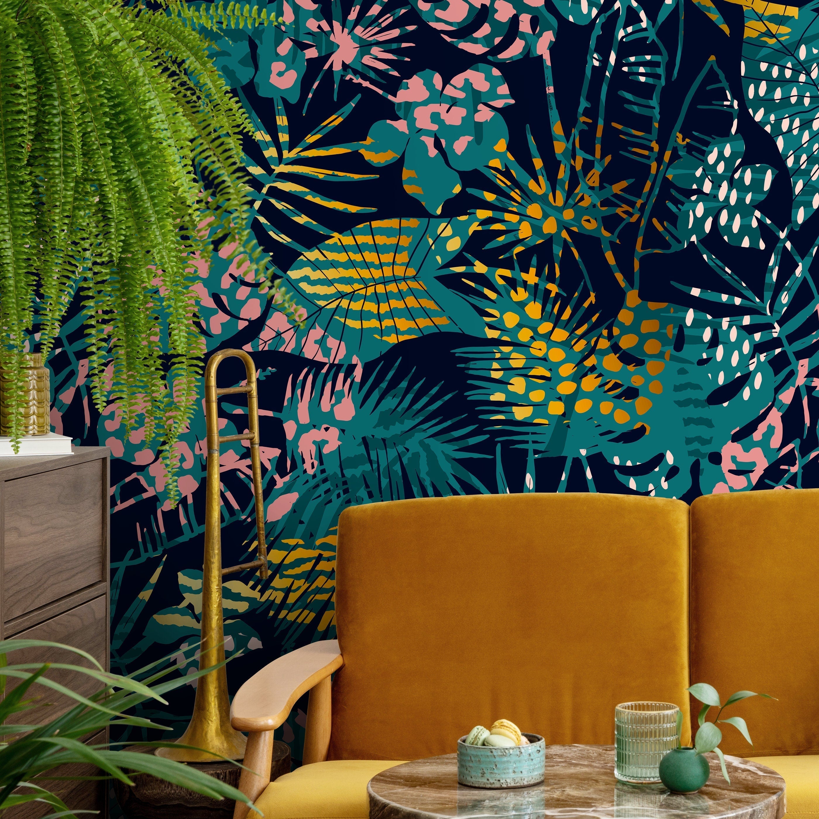 Tropical Wallpaper With Animal Print Leaves In Teal, Pink, And Gold - A782