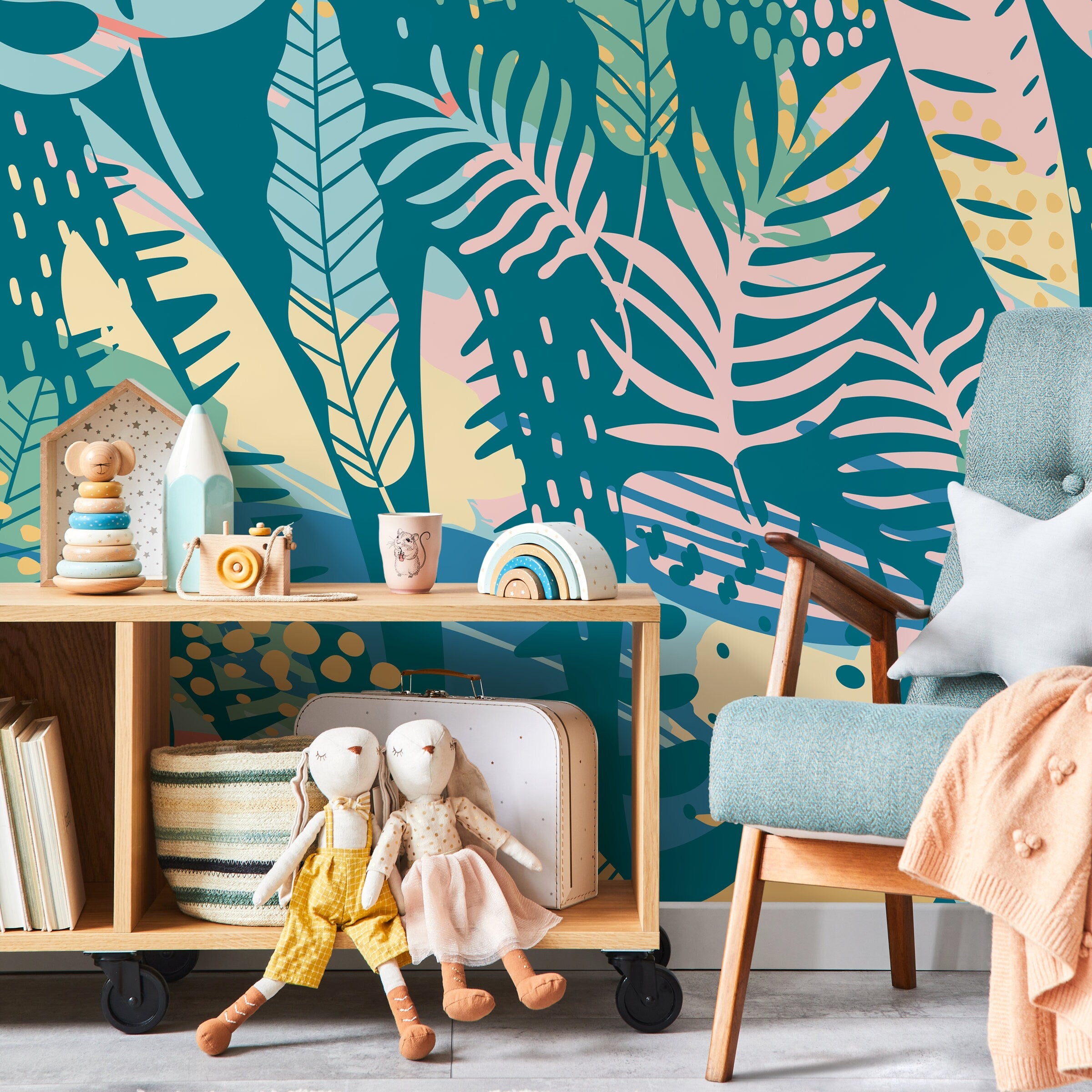 Botanical Wallpaper With Abstract Tropical Leaves In Teal, Pink, And Yellow - A787