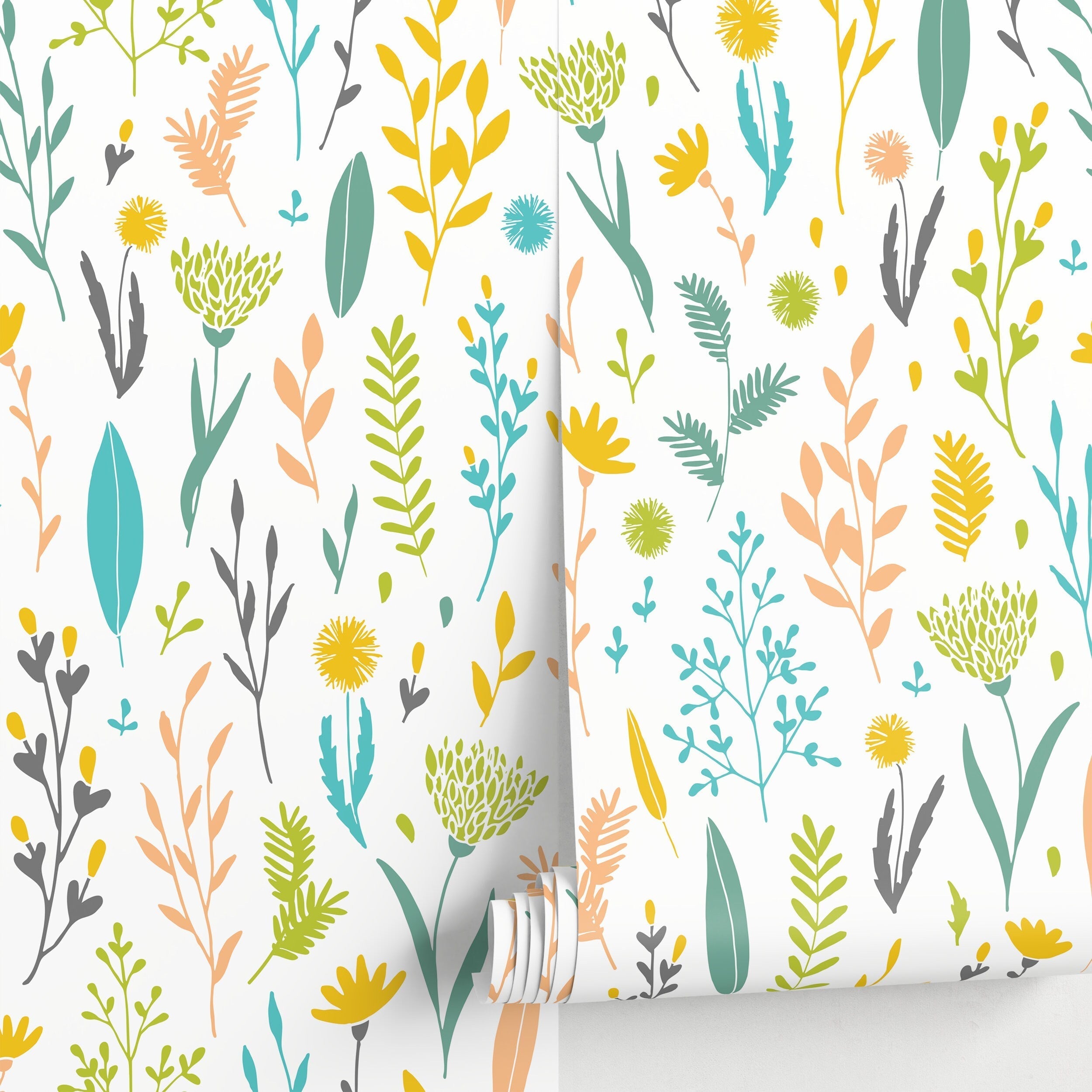 Botanical Wallpaper With A Wildflower Motif In Yellow, Teal, And Green - A881
