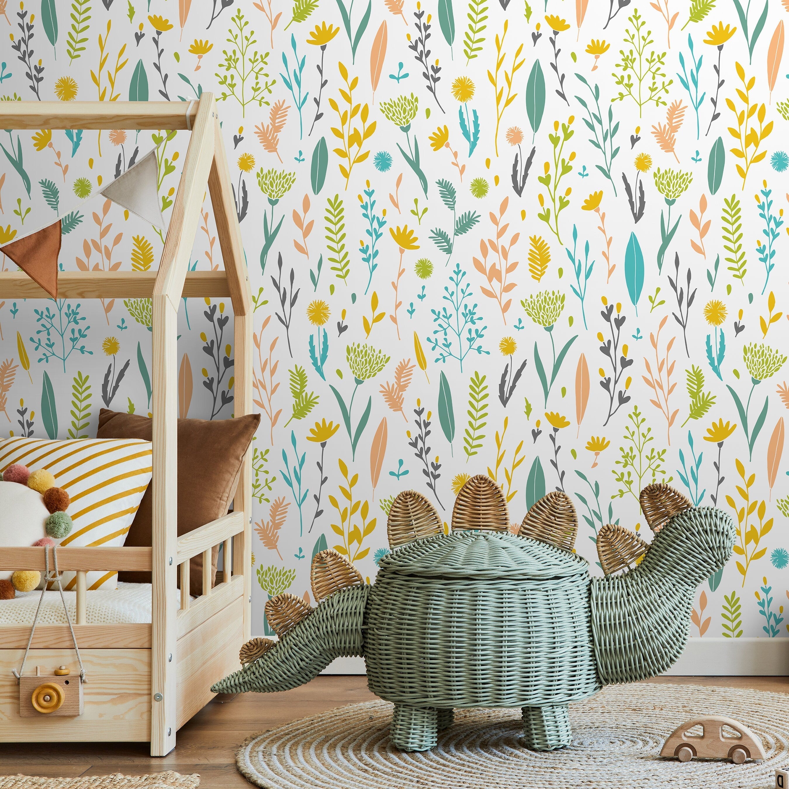 Botanical Wallpaper With A Wildflower Motif In Yellow, Teal, And Green - A881