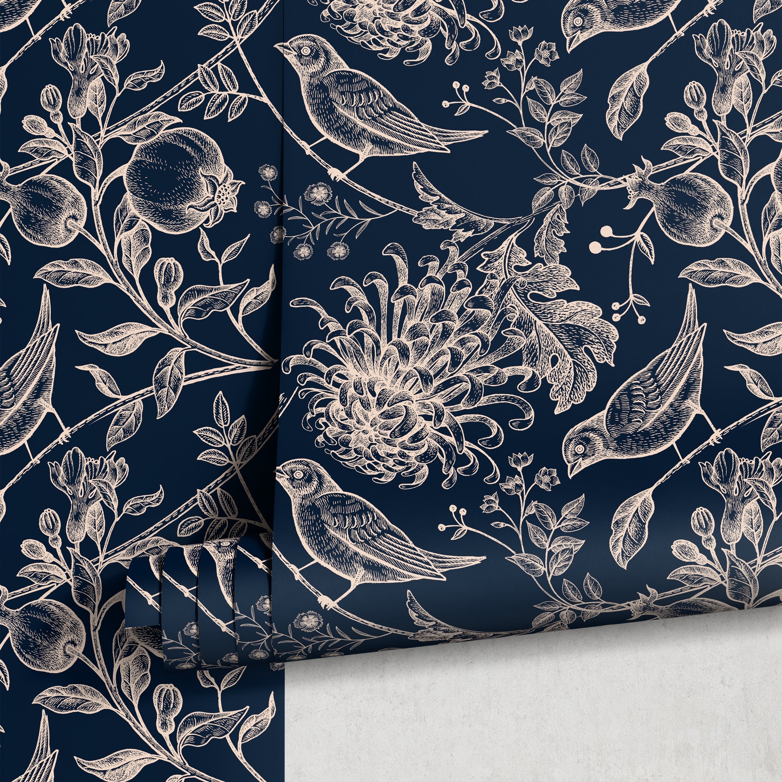 Chinoiserie Wallpaper With An Engraved Bird And Botanical Print In Navy Blue And Cream - A903