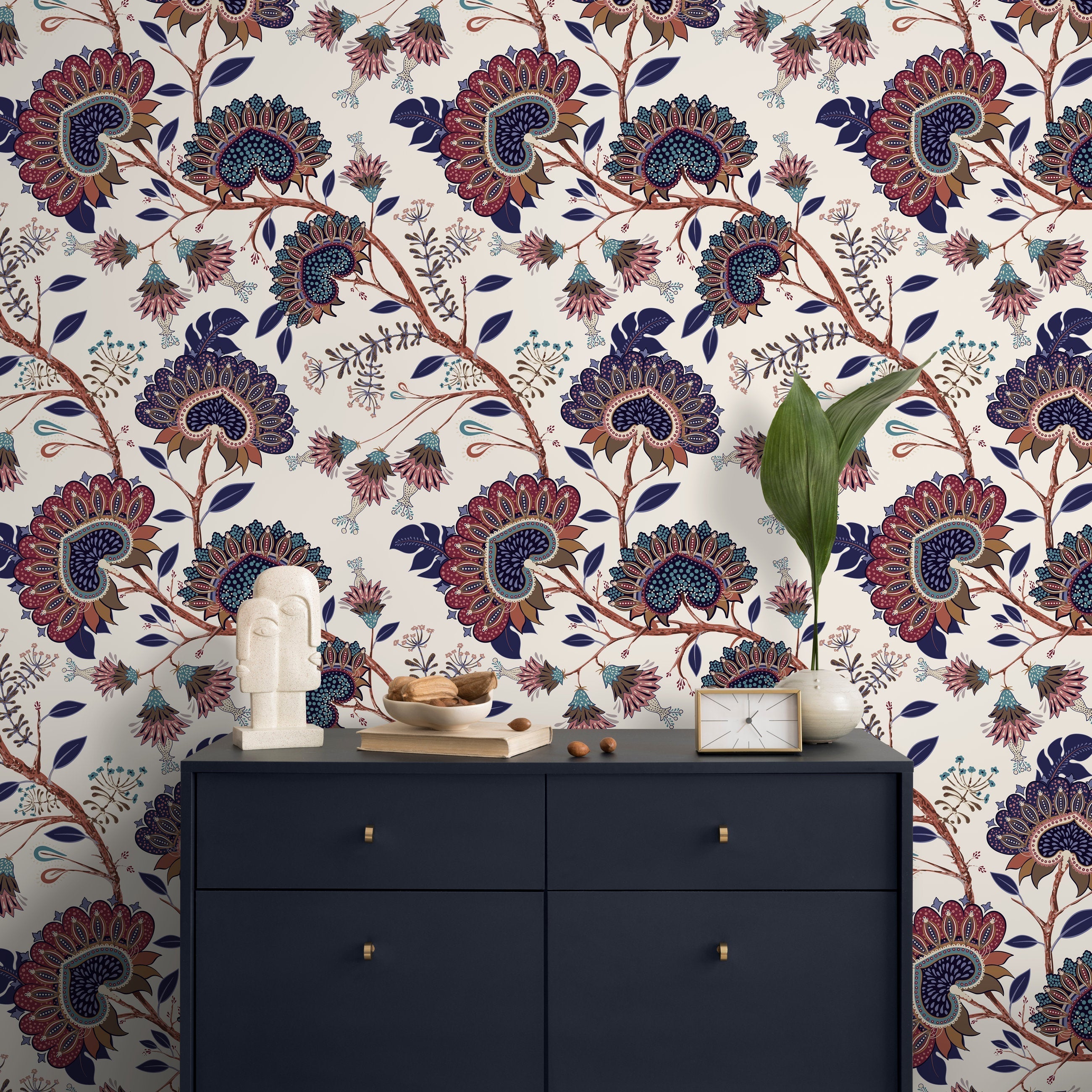 Floral Wallpaper With A Vintage Jacobean Print In Blue, Red, And Brown - A916
