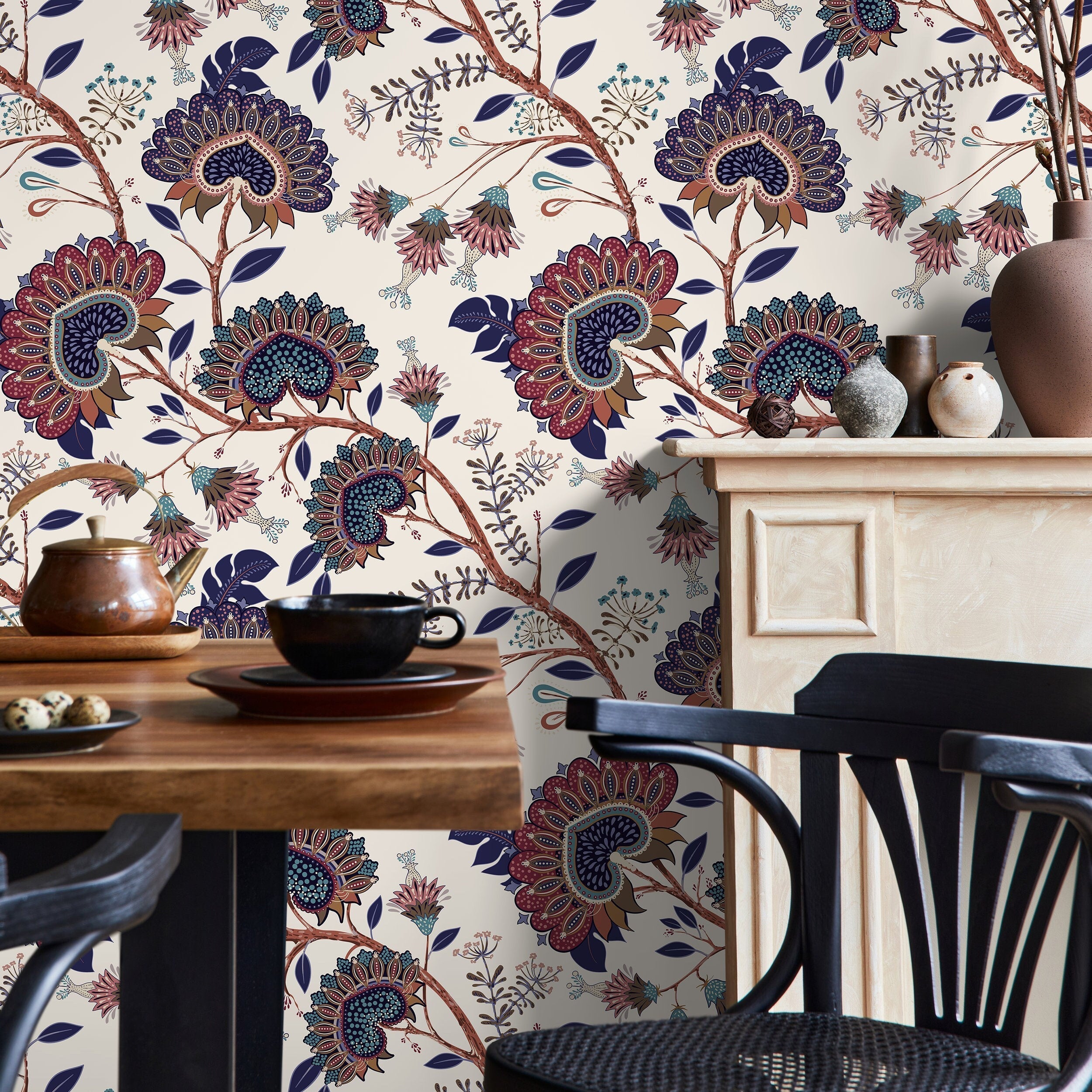 Floral Wallpaper With A Vintage Jacobean Print In Blue, Red, And Brown - A916