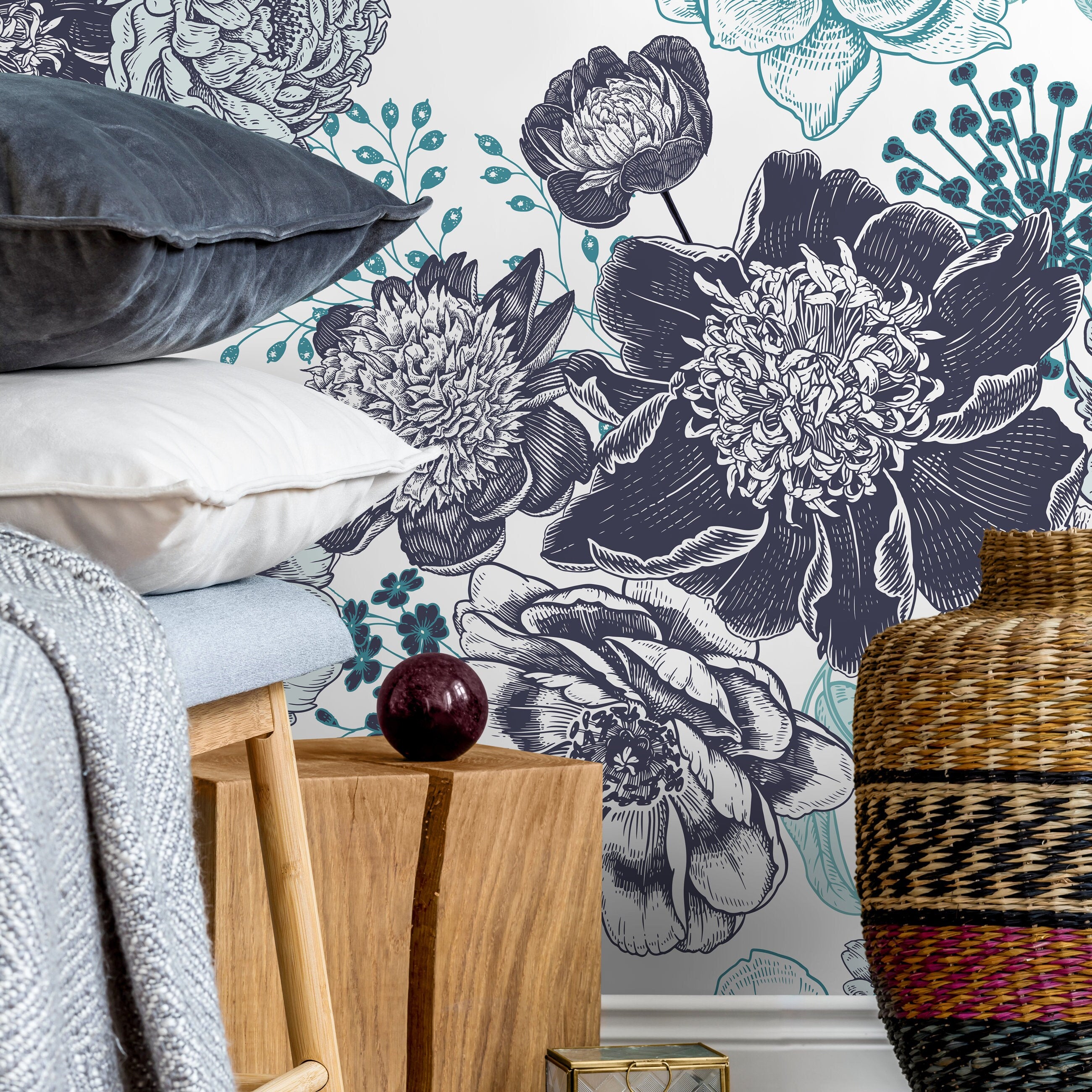 Floral Wallpaper With A Vintage Engraved Motif In Blue And Teal - A920