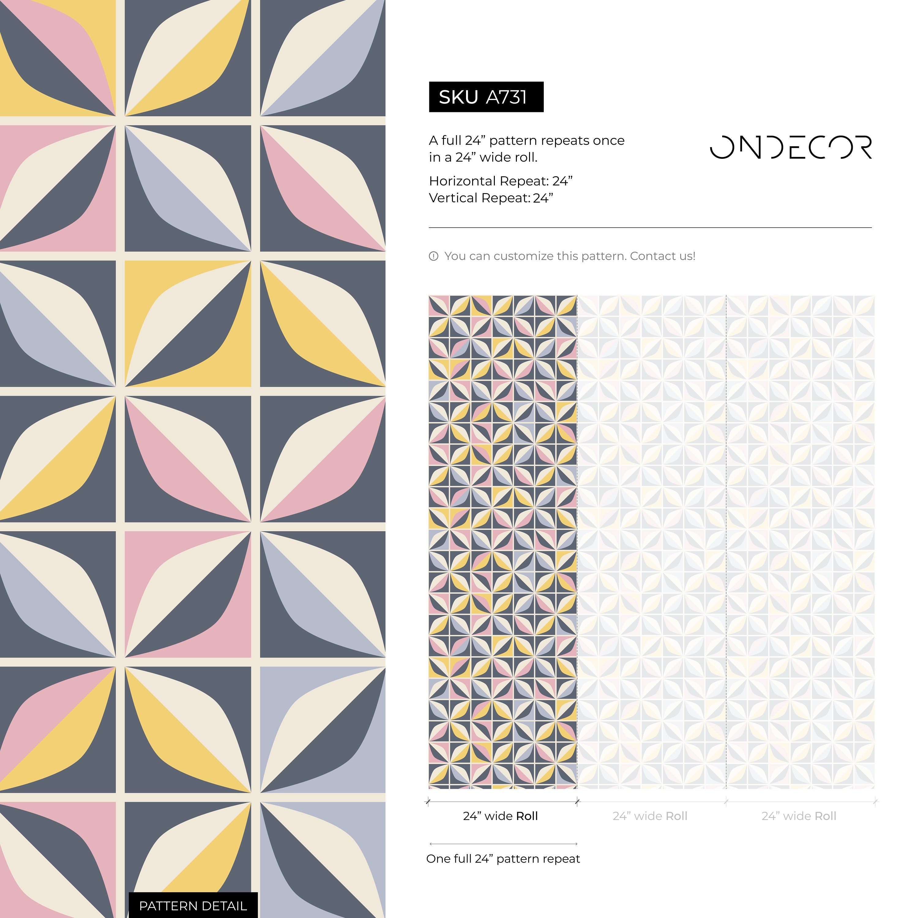Geometric Wallpaper With A Tiled Petal Motif In Blue, Yellow, And Pink - A731