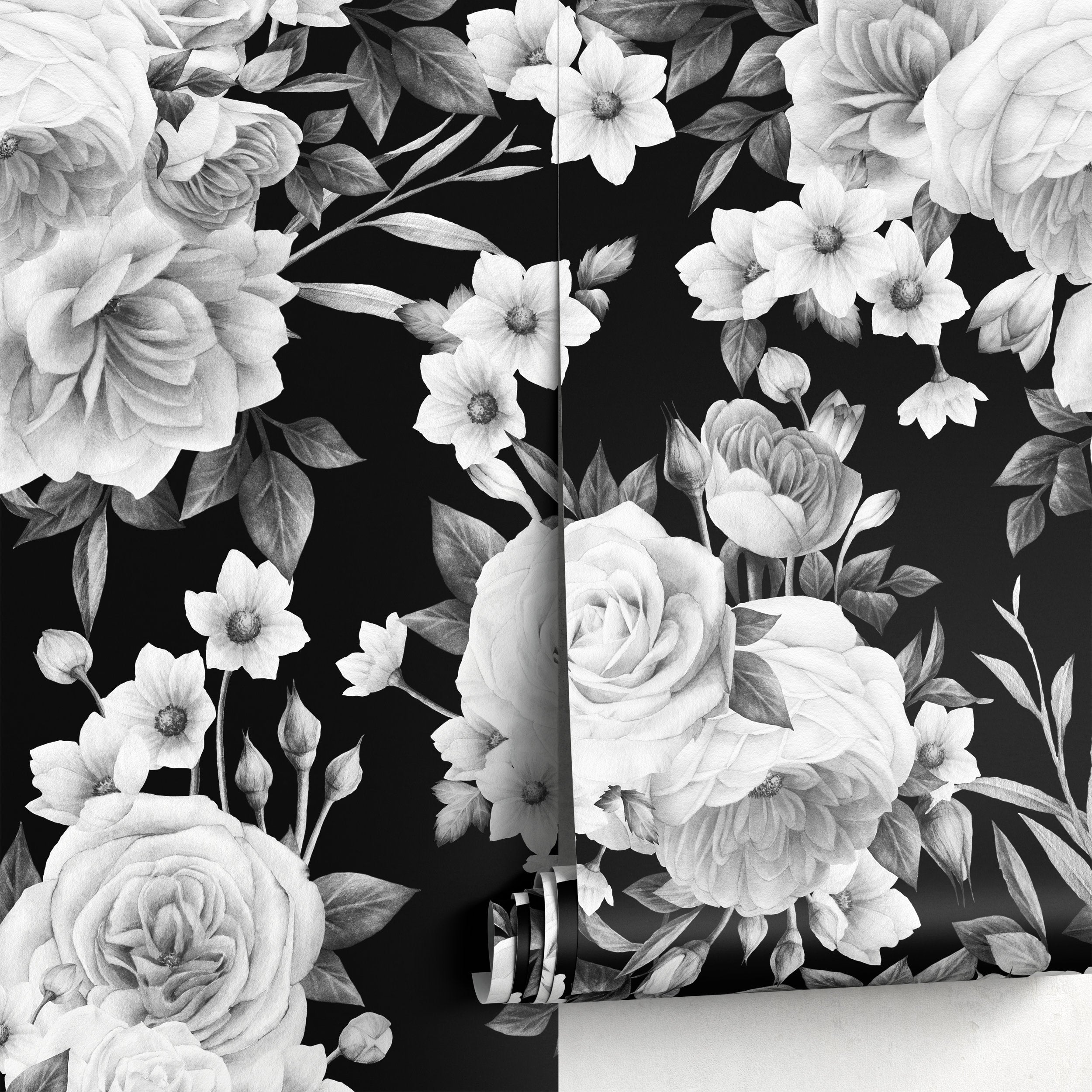 Floral Wallpaper Featuring Large Scale Roses In Black And White - A558