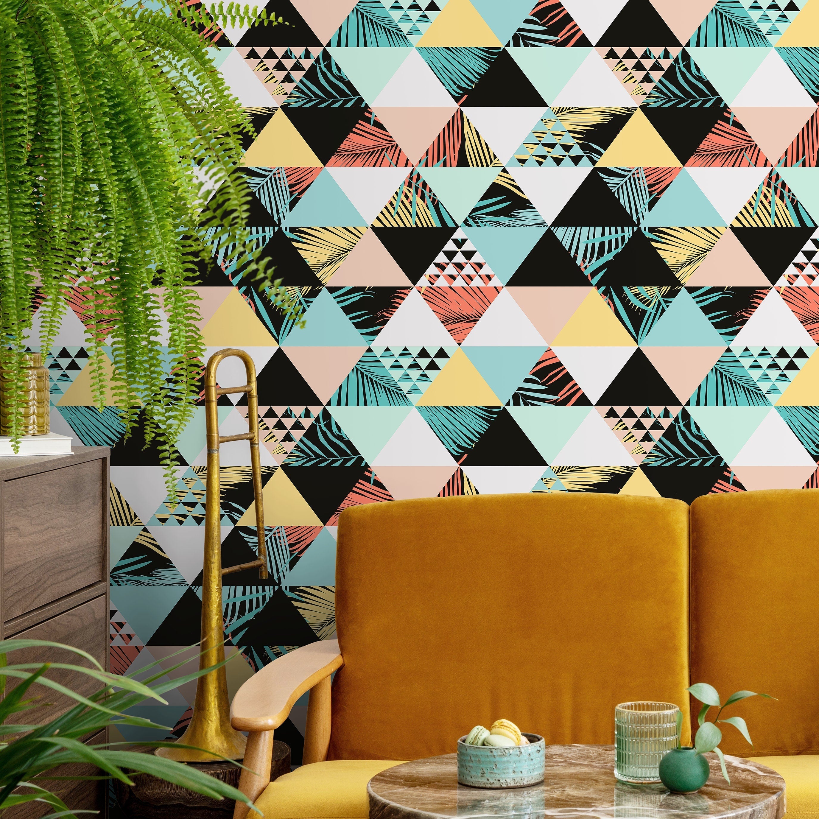 Geometric Wallpaper With A Tropical Triangle Motif In Teal, Coral, And Yellow - A599