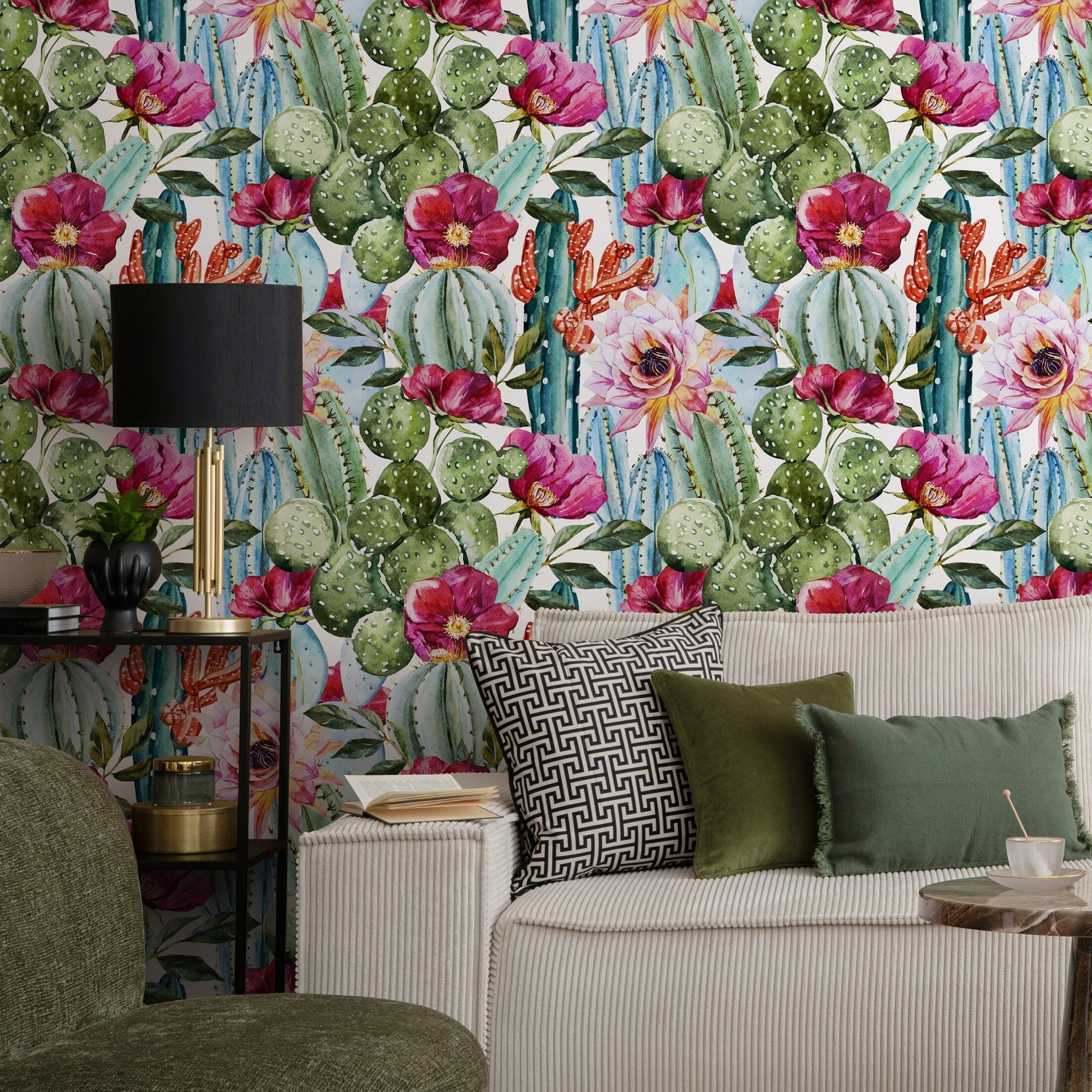 Botanical Wallpaper With Watercolor Cactus Blooms In Green And Pink - A005