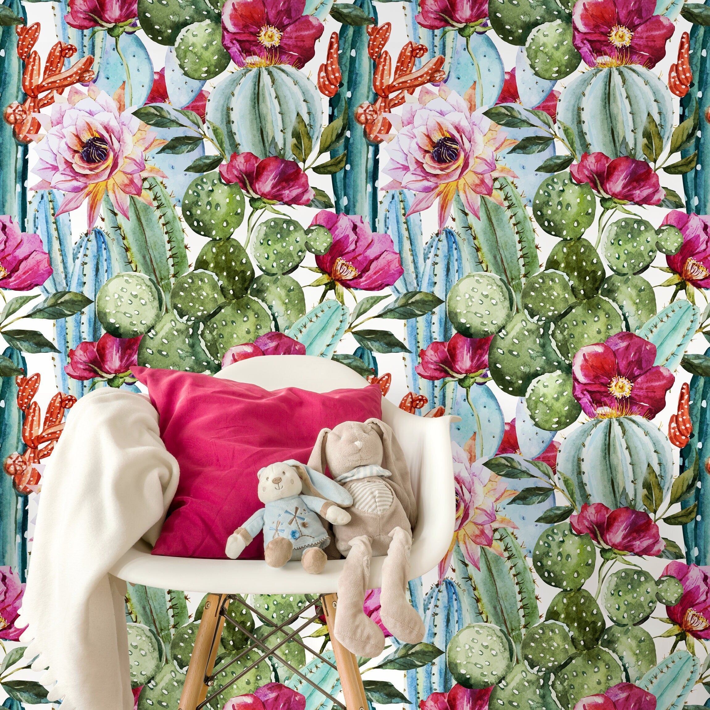 Botanical Wallpaper With Watercolor Cactus Blooms In Green And Pink - A005