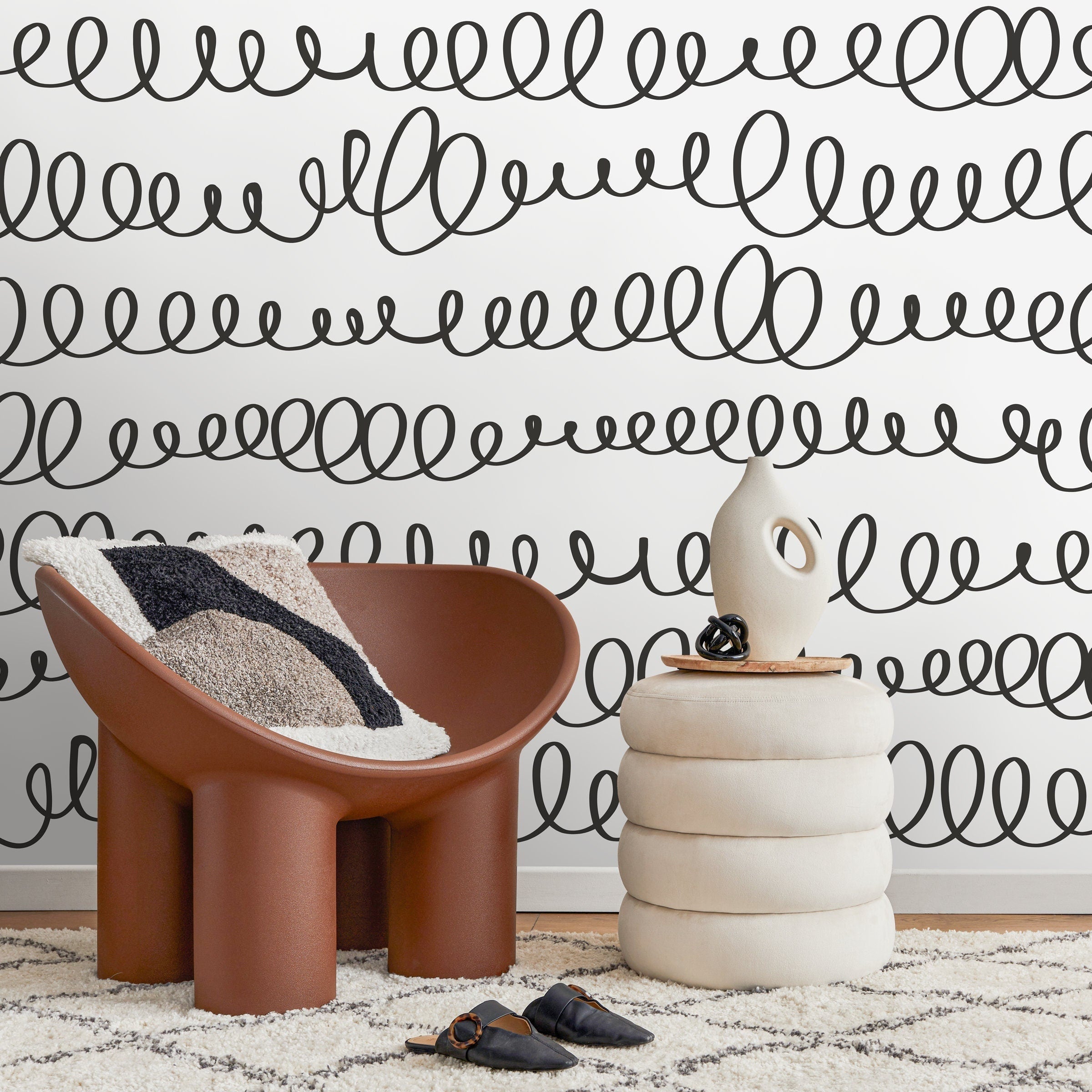 Abstract Wallpaper With A Hand-drawn Loop Motif In Black And White - A008