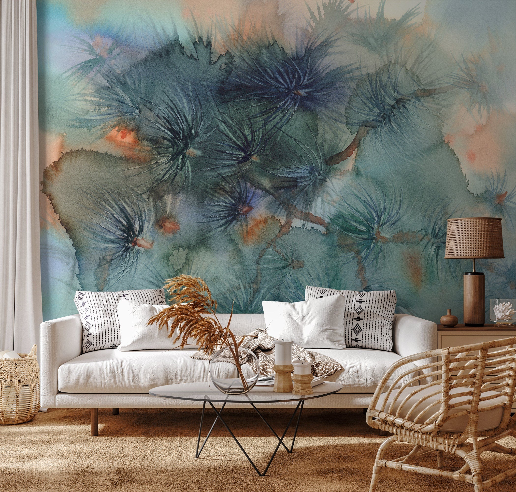 Botanical Wallpaper With A Watercolor Pine Motif In Teal, Green, And Orange - A014