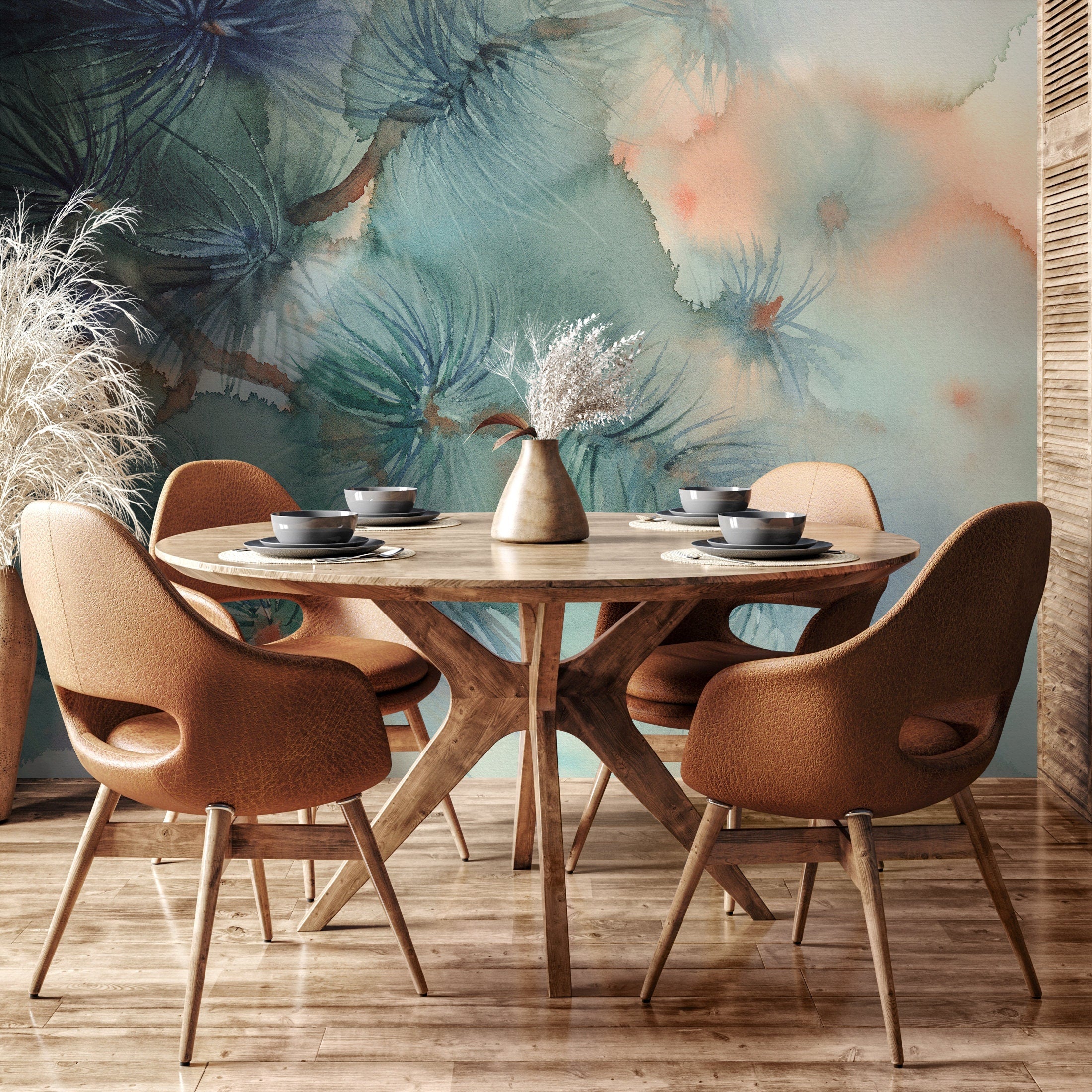 Botanical Wallpaper With A Watercolor Pine Motif In Teal, Green, And Orange - A014